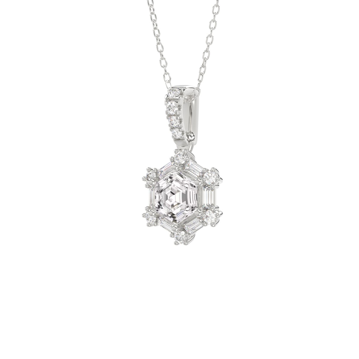 14K WHITE GOLD 1.00CT ROUND/BAGUETTE/HEZAGON STEP CUT DIAMOND LADIES PENDANT