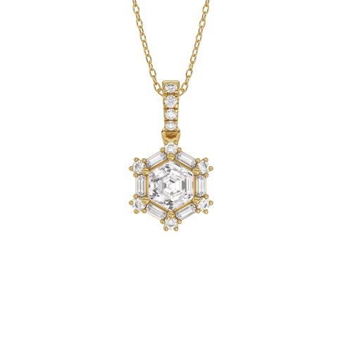 14K YELLOW GOLD 1.00CT ROUND/BAGUETTE/HEZAGON STEP CUT DIAMOND LADIES PENDANT