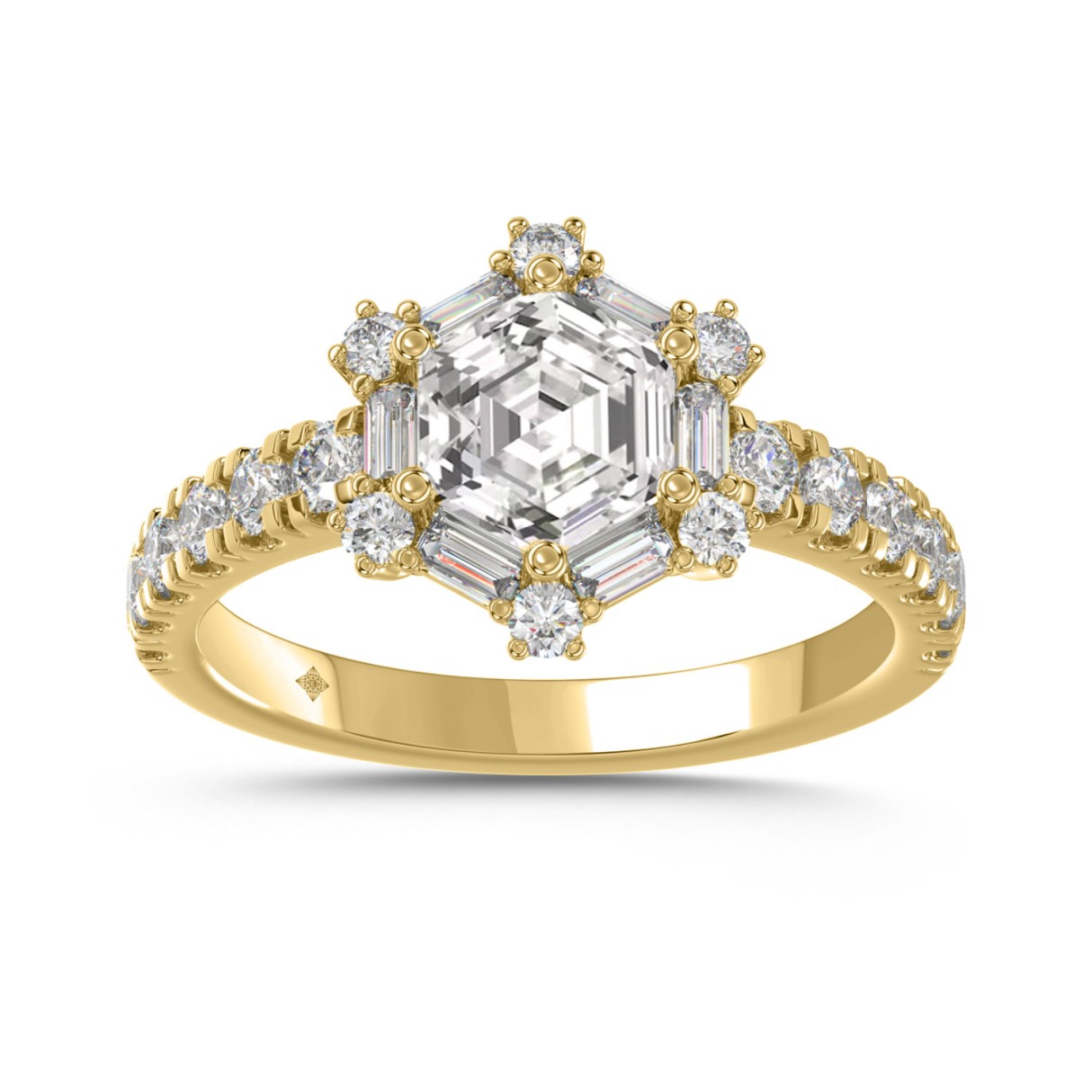 14K YELLOW GOLD 1 3/4CT ROUND/BAGUETTE/HEZAGON STEP CUT DIAMOND LADIES RING (CENTER STONE HEZAGON DIAMOND 1CT)