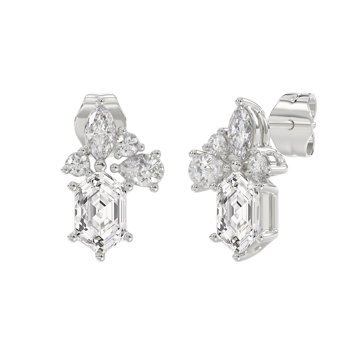 14K WHITE GOLD 1 1/2CT ROUND/MARQUISE/PEAR/HEXAGON STEP CUT LADIES EARRINGS