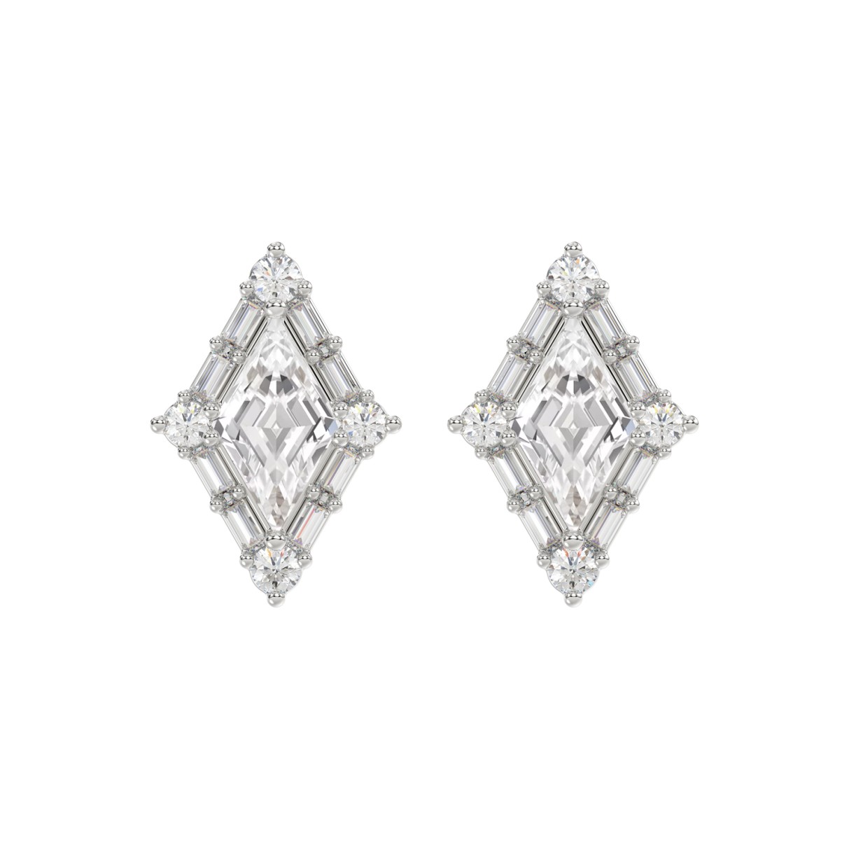 14K WHITE GOLD 1 1/4CT ROUND/BAGUETTE/KITE STEP CUT DIAMOND LADIES EARRINGS