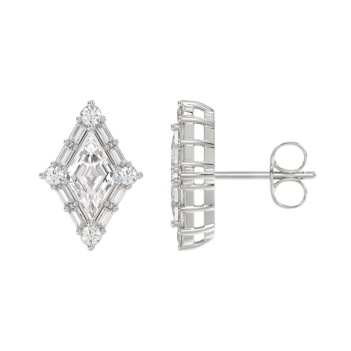 14K WHITE GOLD 1 1/4CT ROUND/BAGUETTE/KITE STEP CUT DIAMOND LADIES EARRINGS