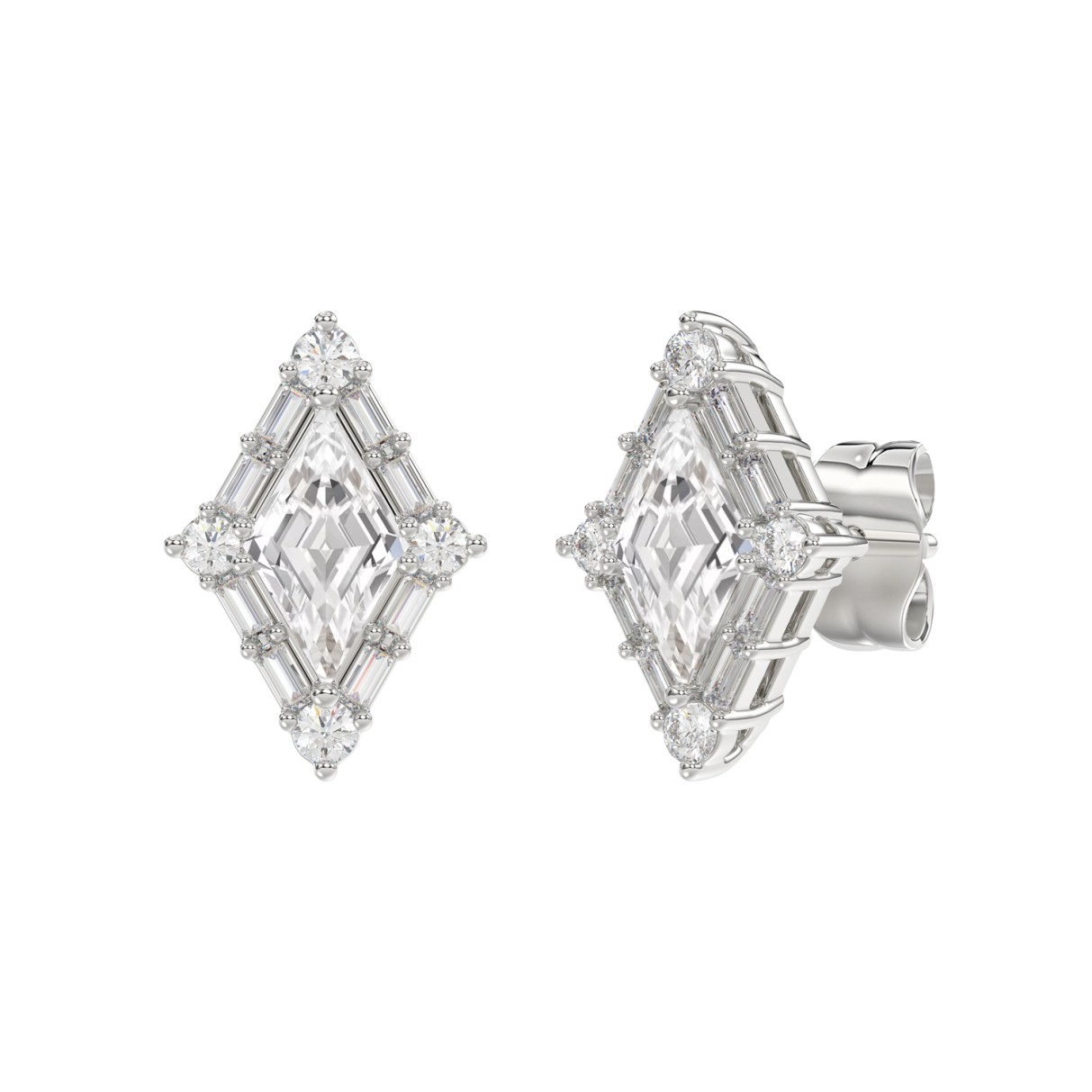 14K WHITE GOLD 1 1/4CT ROUND/BAGUETTE/KITE STEP CUT DIAMOND LADIES EARRINGS