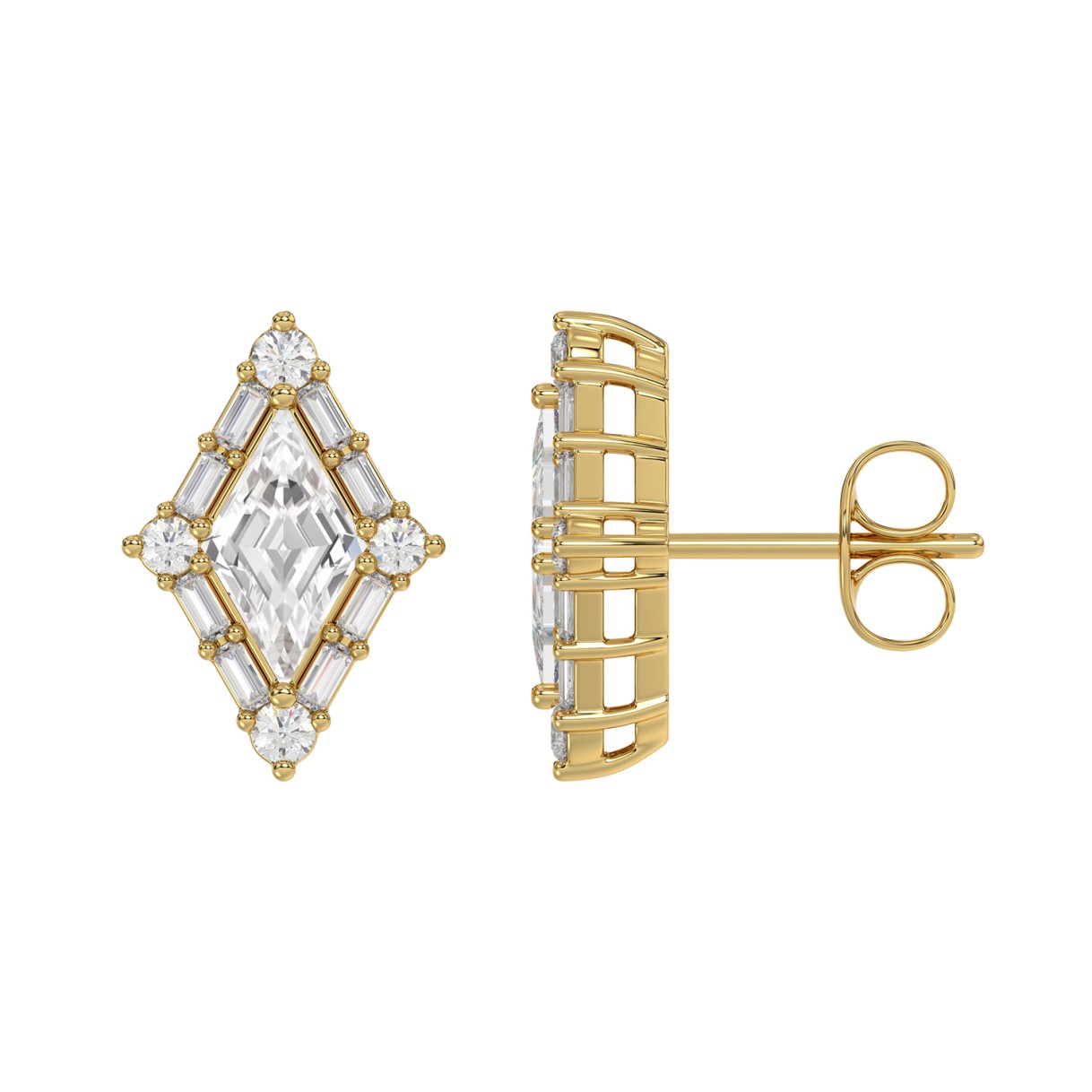 14K YELLOW GOLD 1 1/3CT ROUND/BAGUETTE/KITE STEP CUT DIAMOND LADIES EARRINGS