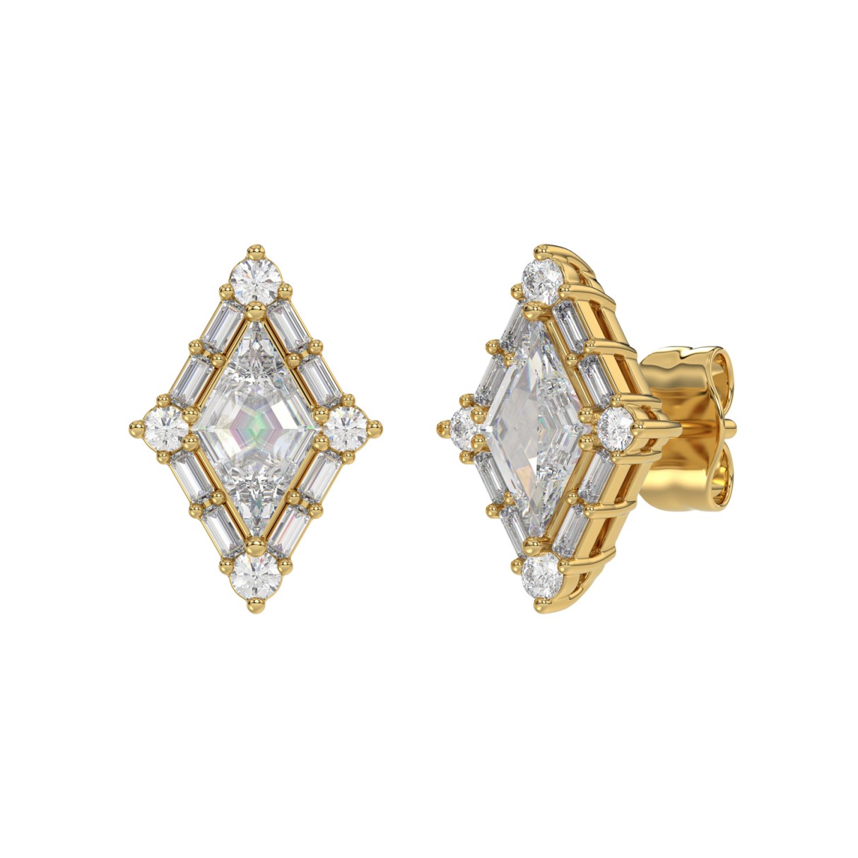 14K YELLOW GOLD 1 1/3CT ROUND/BAGUETTE/KITE STEP CUT DIAMOND LADIES EARRINGS