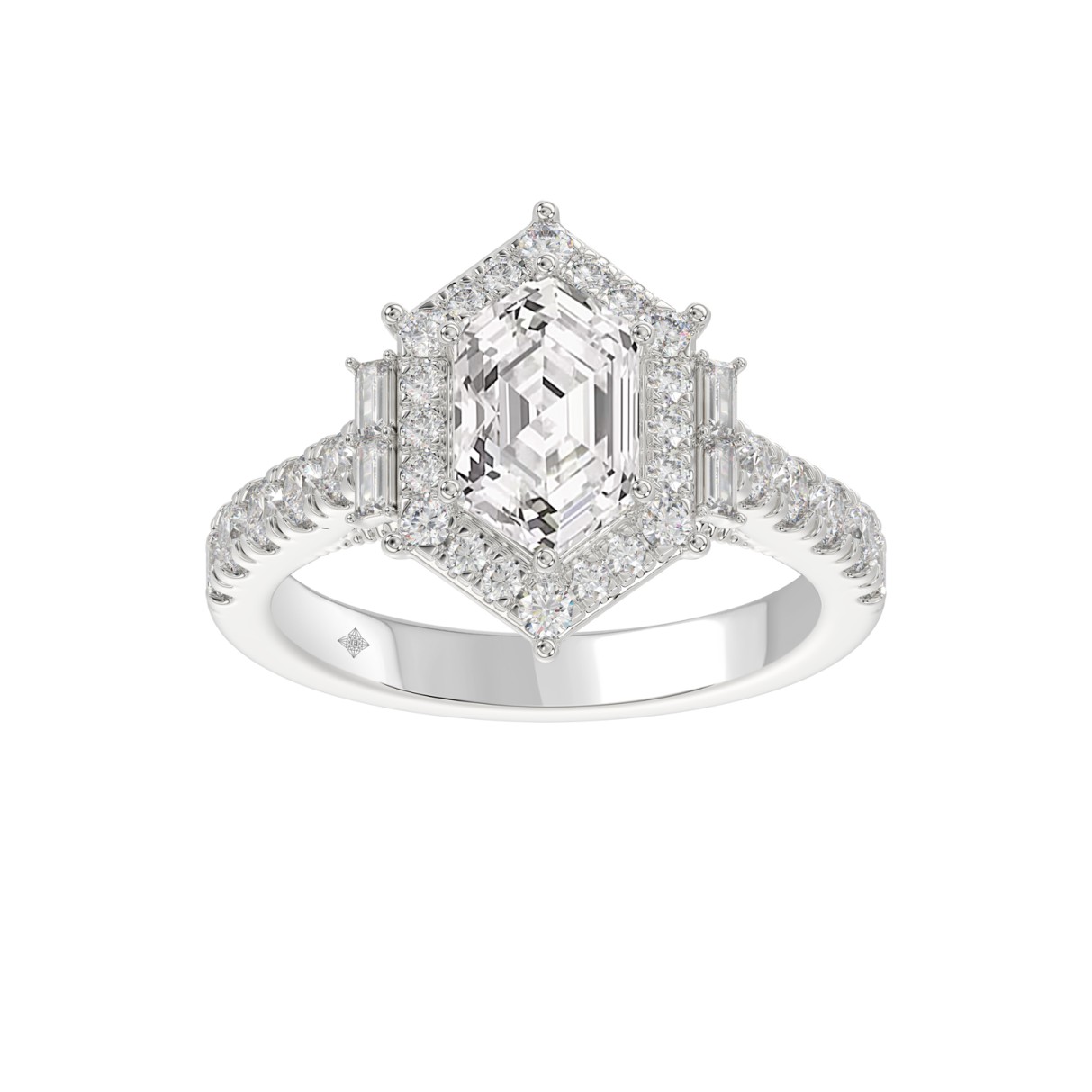 14K WHITE GOLD 2 1/4CT ROUND/BAGUETTE/HEXAGON DIAMOND LADIES RING