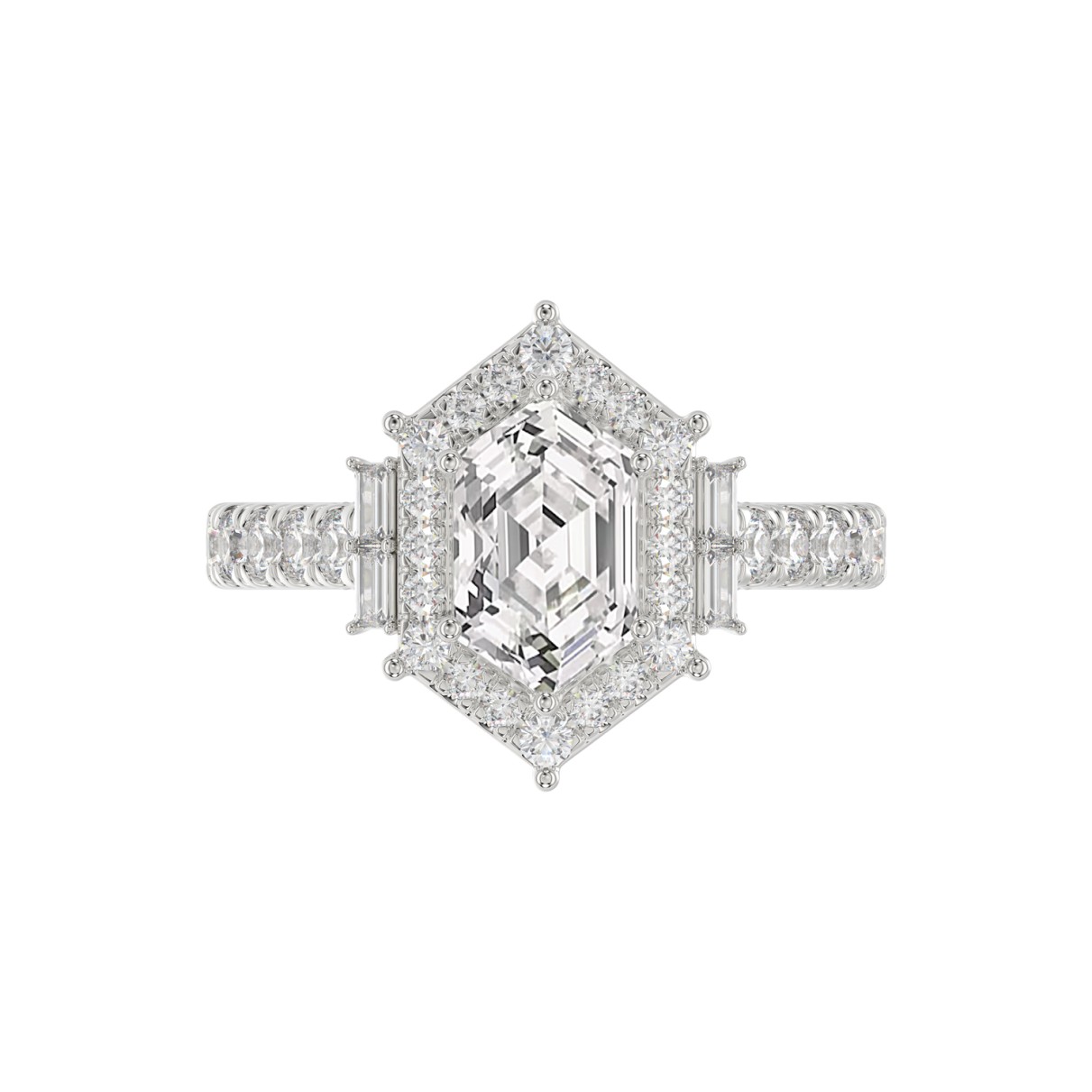 14K WHITE GOLD 2 1/4CT ROUND/BAGUETTE/HEXAGON DIAMOND LADIES RING