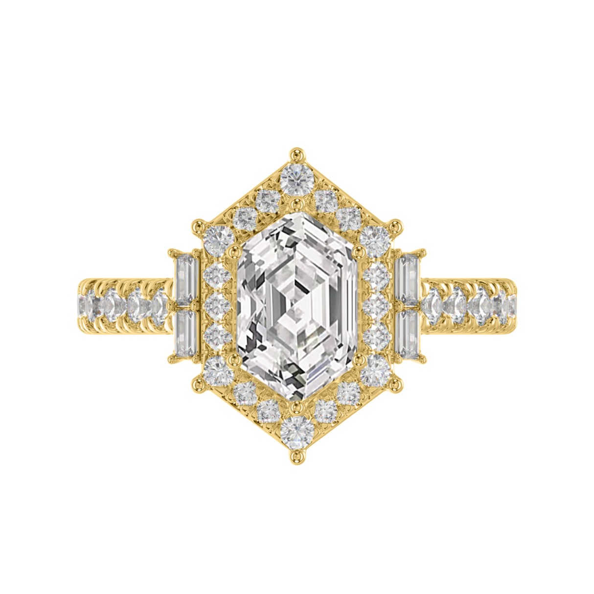 14K YELLOW GOLD 2 1/4CT ROUND/BAGUETTE/HEXAGON DIAMOND LADIES RING