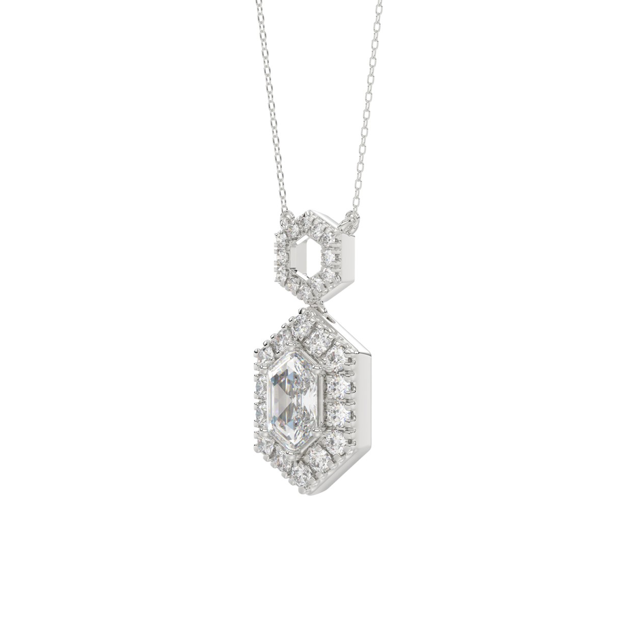 14K WHITE GOLD  1 1/2CT ROUND/HEZAGON DIAMOND STEP CUT DIAMOND LADIES PENDANT