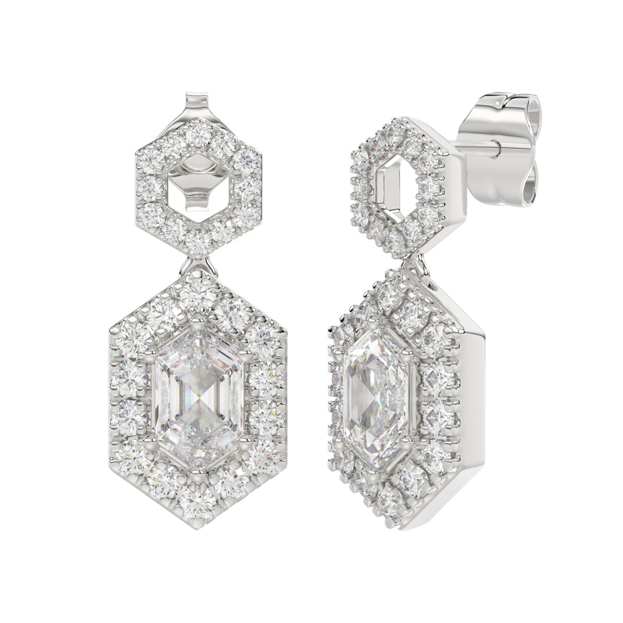 14K WHITE GOLD 2 1/4CT ROUND/KITE STEP CUT DIAMOND LADIES EARRINGS