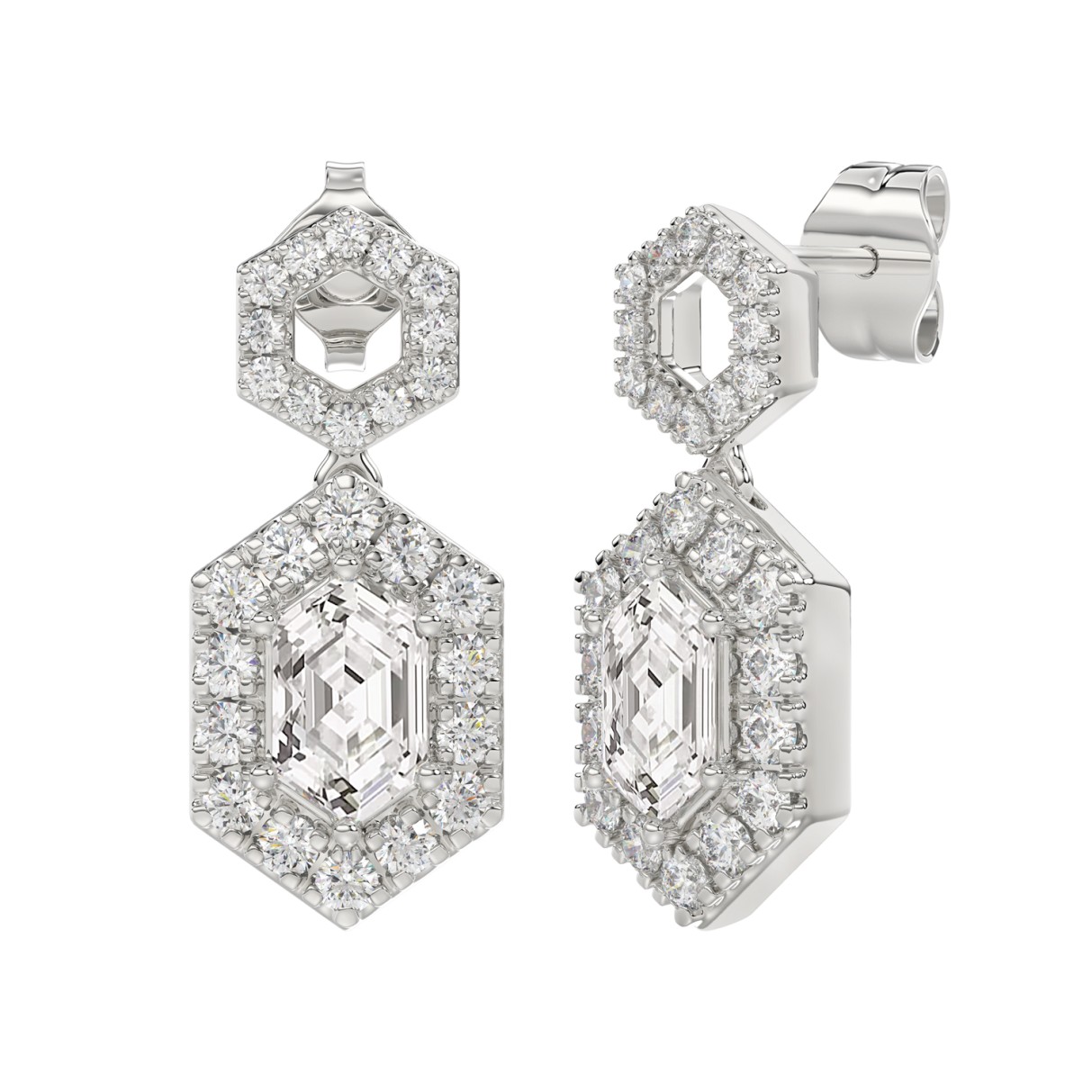 14K WHITE GOLD 2 1/4CT ROUND/KITE STEP CUT DIAMOND LADIES EARRINGS