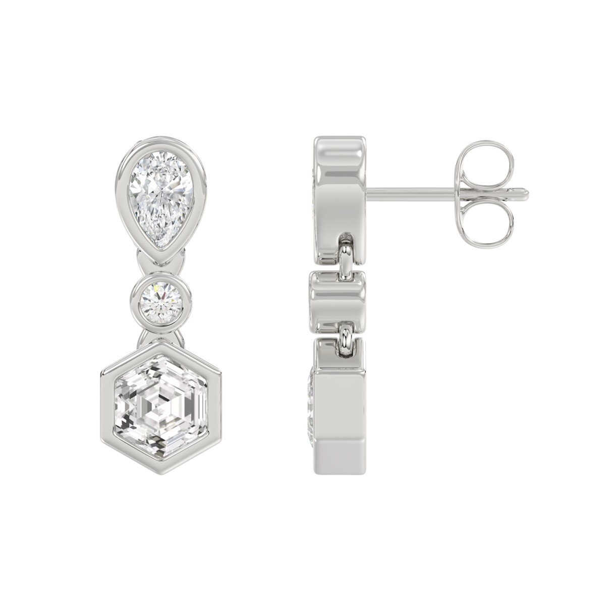 14K WHITE GOLD 1 1/2CT ROUND/PEAR/HEXAGON DIAMOND LADIES EARRINGS