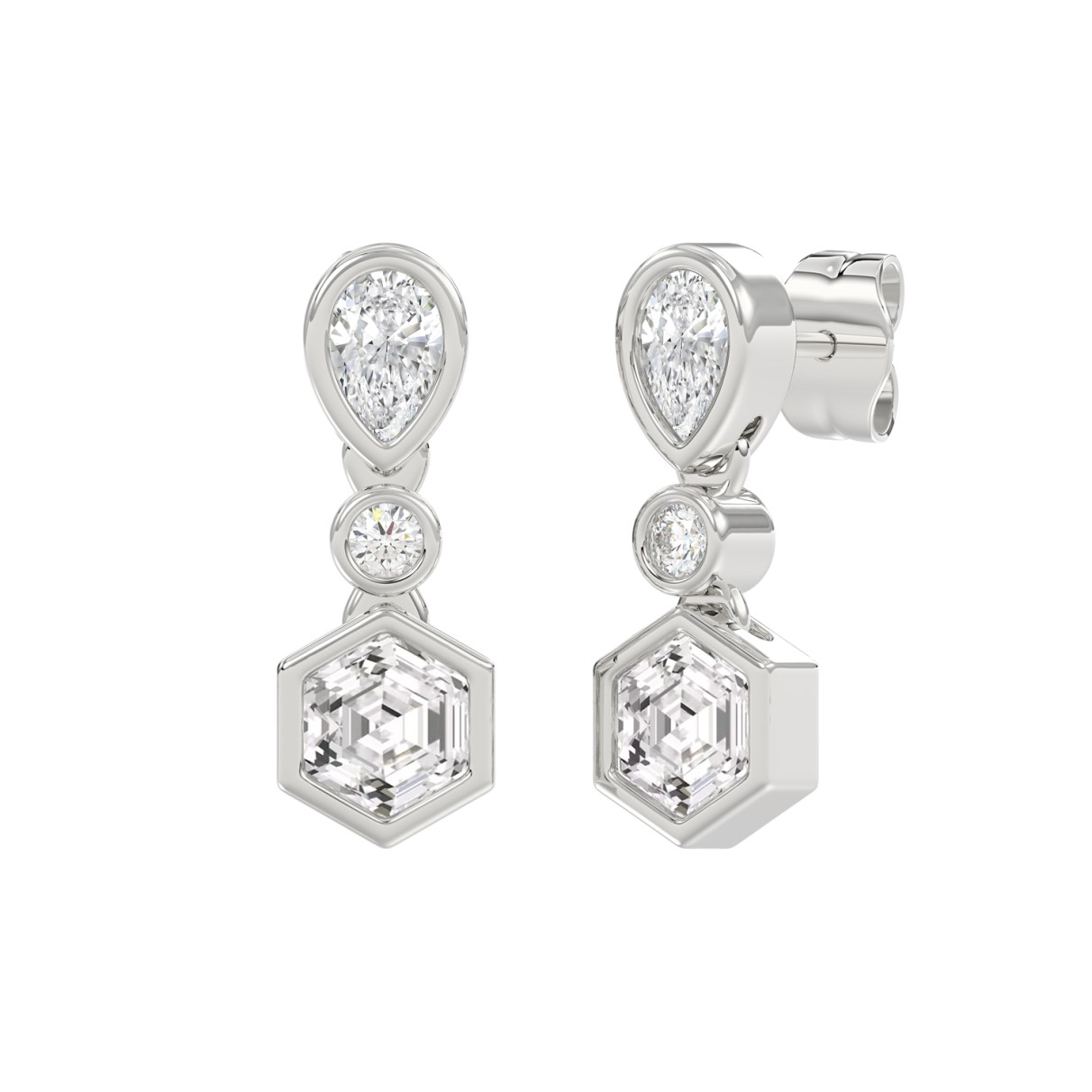 14K WHITE GOLD 1 1/2CT ROUND/PEAR/HEXAGON DIAMOND LADIES EARRINGS