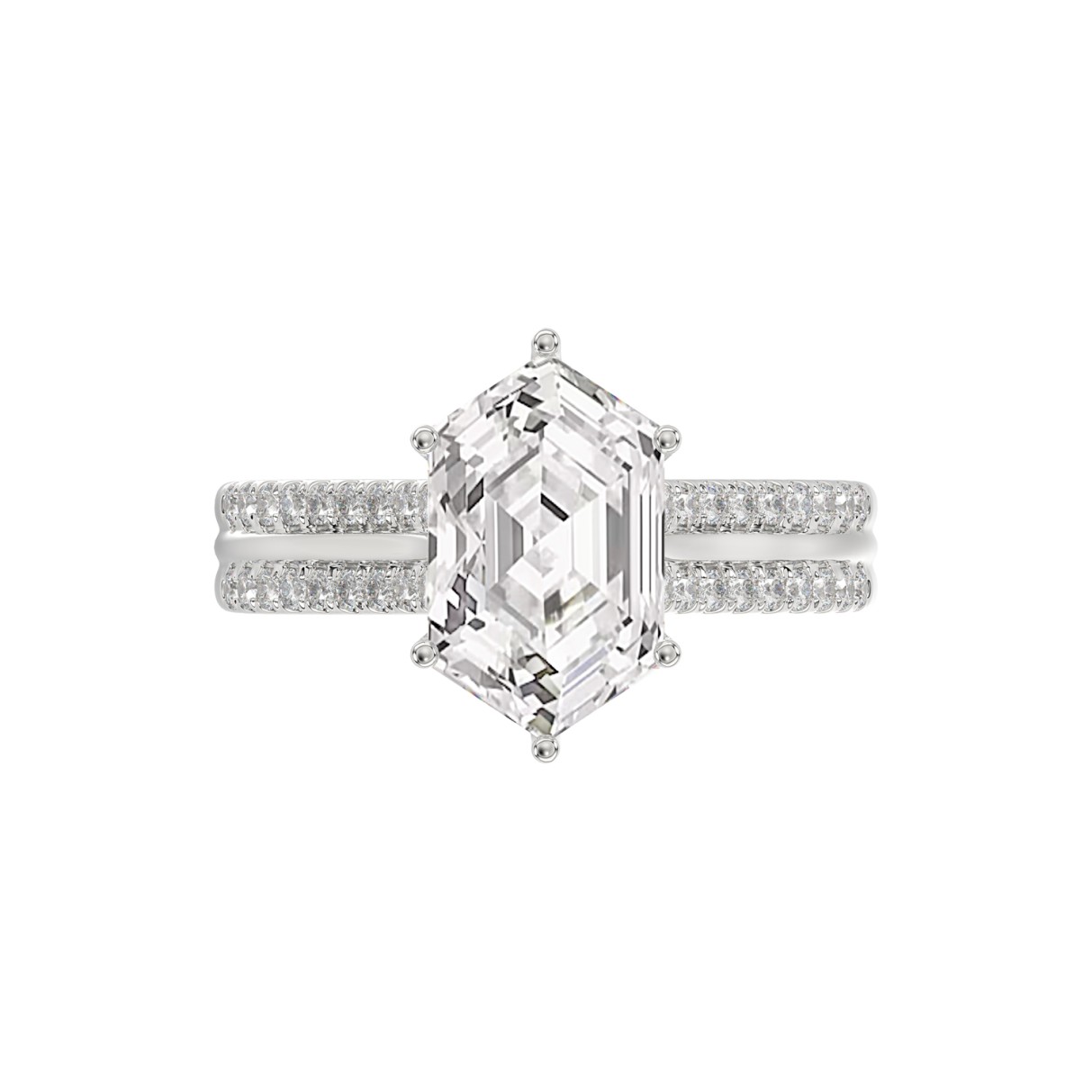 14K WHITE GOLD 3 1/4CT ROUND/HEXAGON DIAMOND LADIES RING (CENTER STONE HEXAGON STEP CUT DIAMOND 3CT