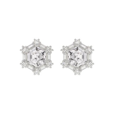 14K WHITE GOLD 1 1/4CT ROUND/BAGUETTE/HEZAGON STEP CUT DIAMOND LADIES EARRINGS