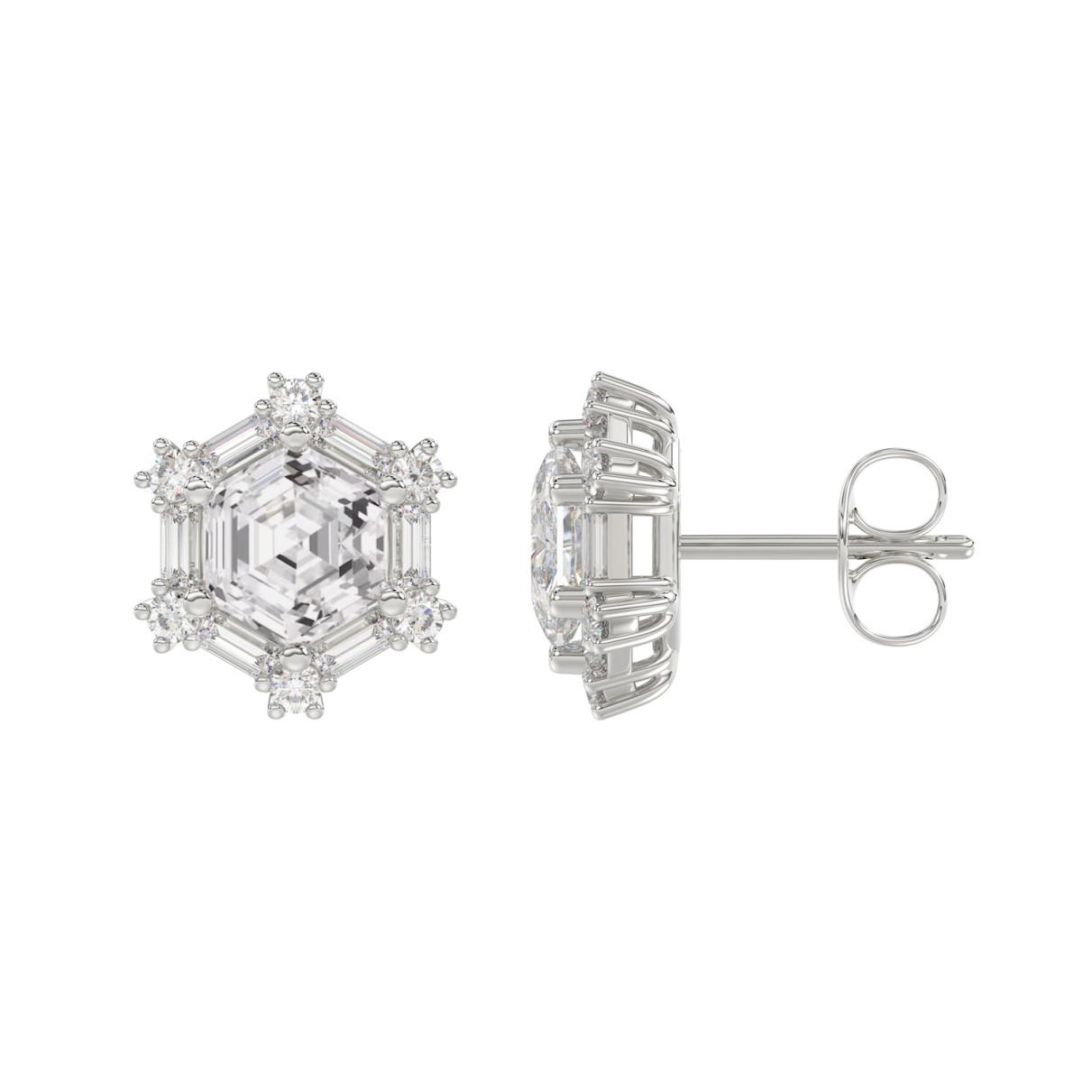 14K WHITE GOLD 1 1/4CT ROUND/BAGUETTE/HEZAGON STEP CUT DIAMOND LADIES EARRINGS