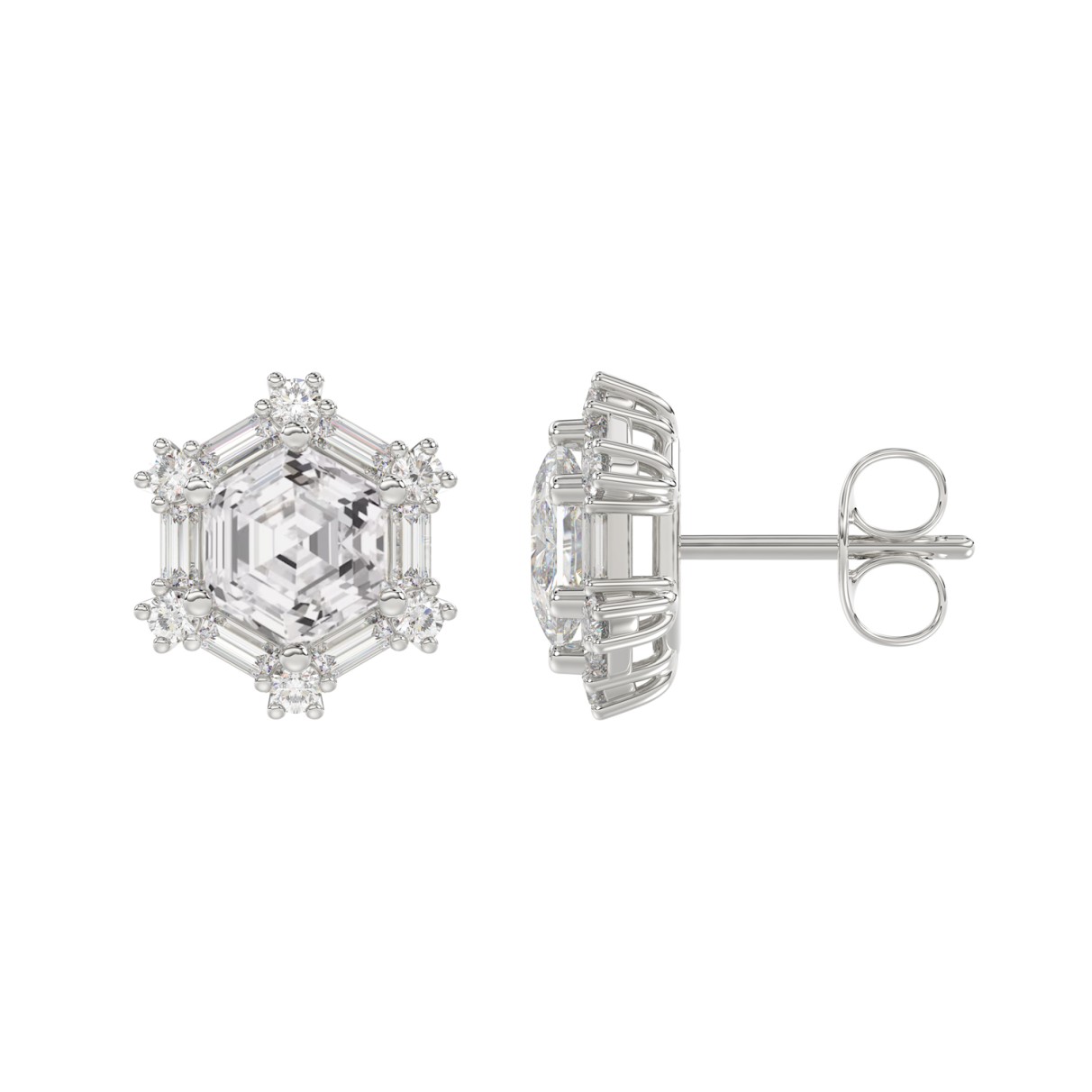 14K WHITE GOLD 1 1/4CT ROUND/BAGUETTE/HEZAGON STEP CUT DIAMOND LADIES EARRINGS