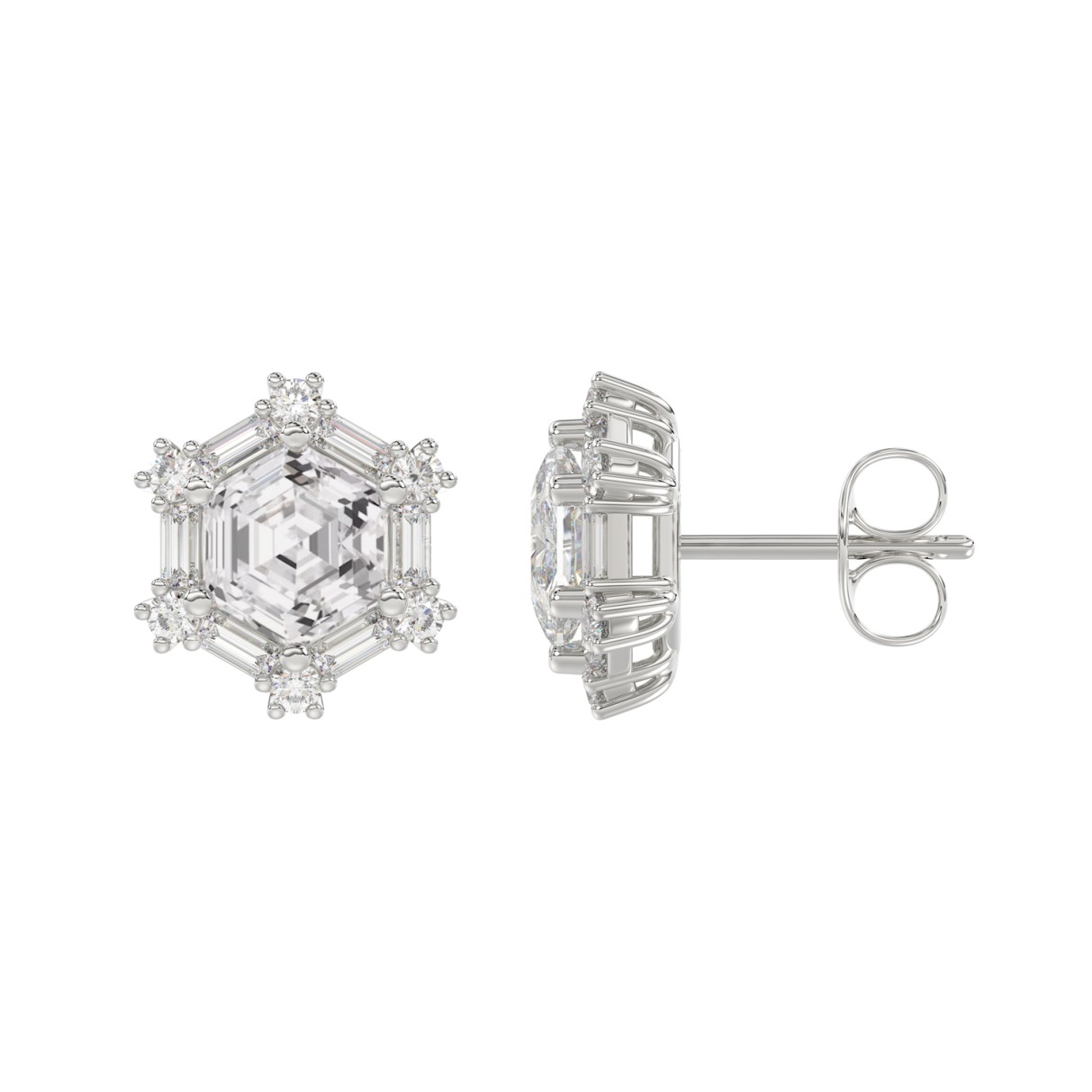 14K WHITE GOLD 1 1/4CT ROUND/BAGUETTE/HEZAGON STEP CUT DIAMOND LADIES EARRINGS