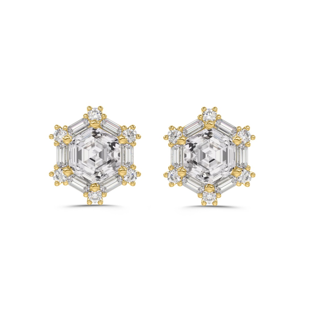 14K YELLOW GOLD 1 1/4CT ROUND/BAGUETTE/HEZAGON STEP CUT DIAMOND LADIES EARRINGS