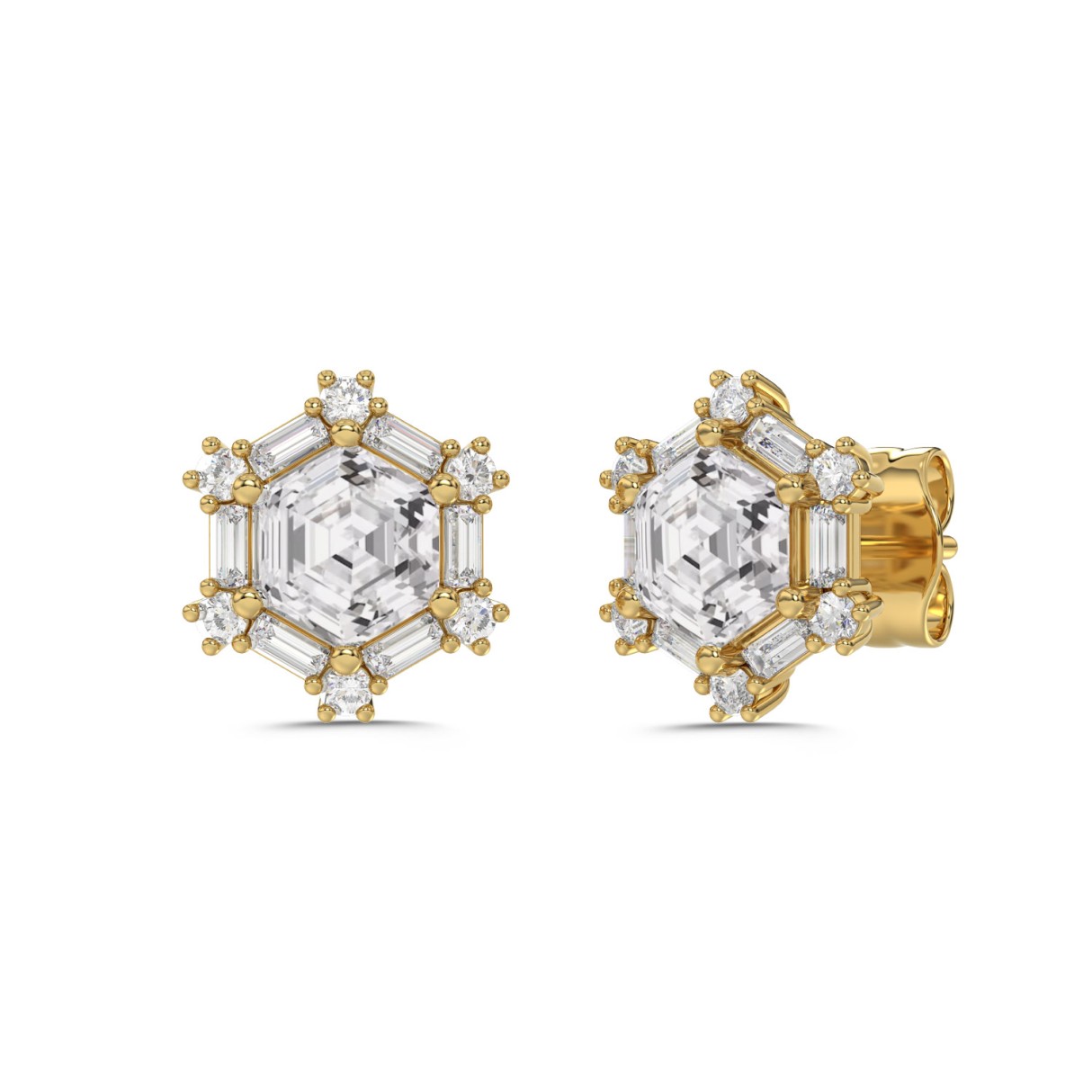 14K YELLOW GOLD 1 1/4CT ROUND/BAGUETTE/HEZAGON STEP CUT DIAMOND LADIES EARRINGS