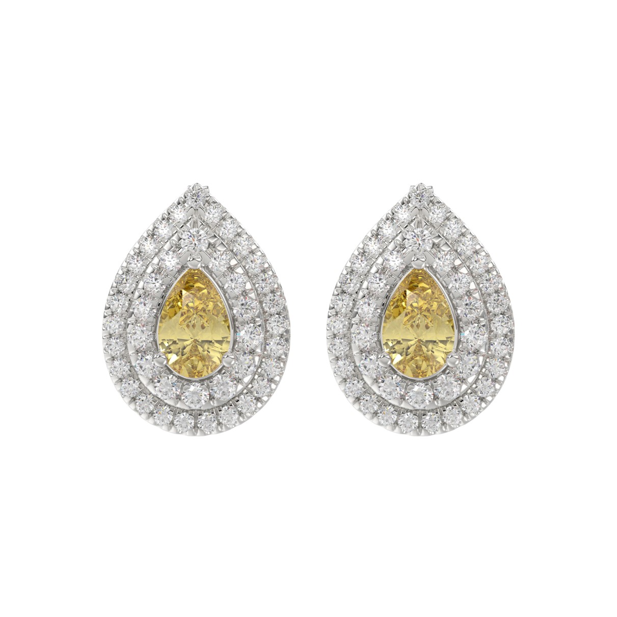 14K WHITE GOLD CRAFTED WITH 18K YELLOW GOLD BACK PLATE 3 1/4CT ROUND/YELLOW PEAR DIAMOND LADIES EARRINGS