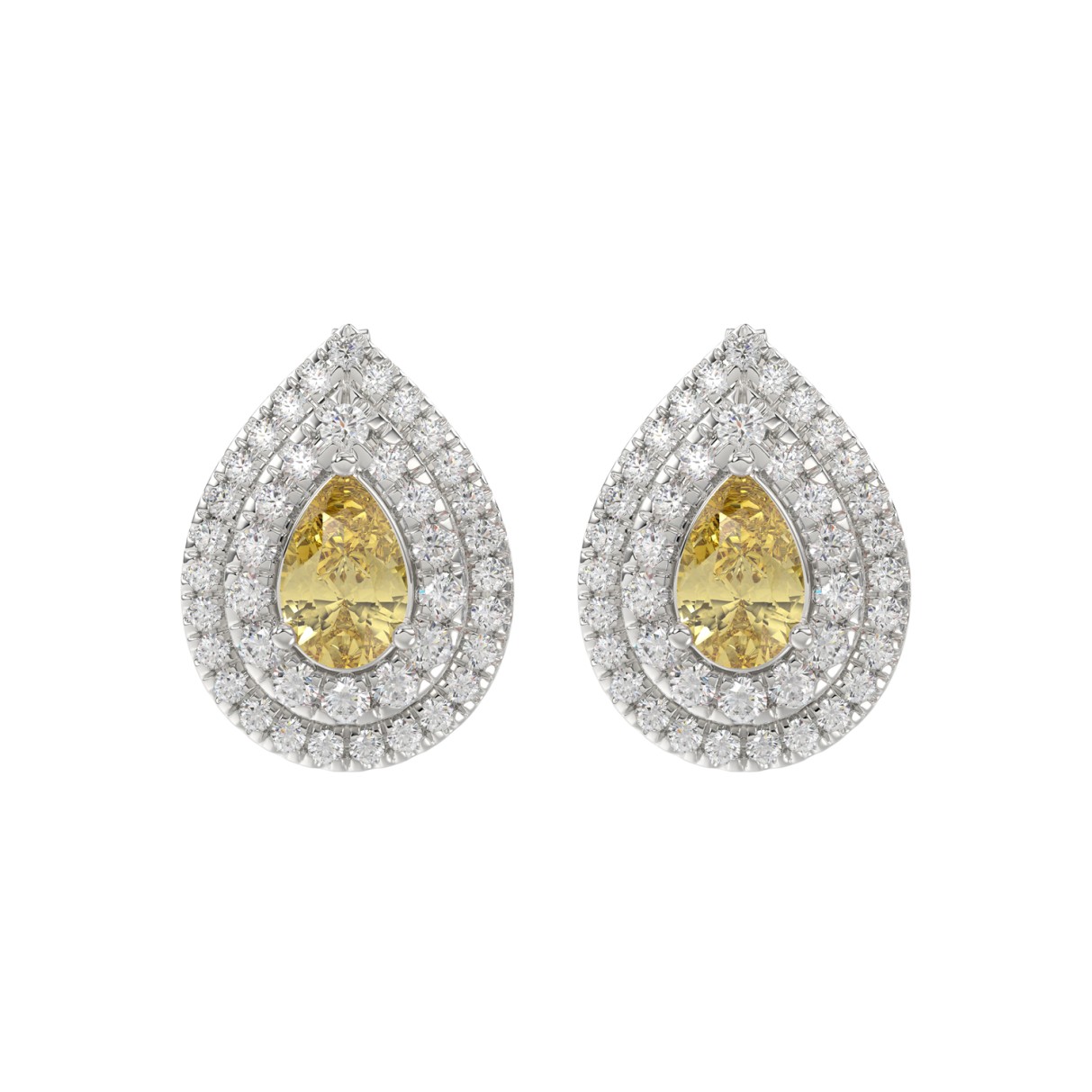 14K WHITE GOLD CRAFTED WITH 18K YELLOW GOLD BACK PLATE 3 1/4CT ROUND/YELLOW PEAR DIAMOND LADIES EARRINGS