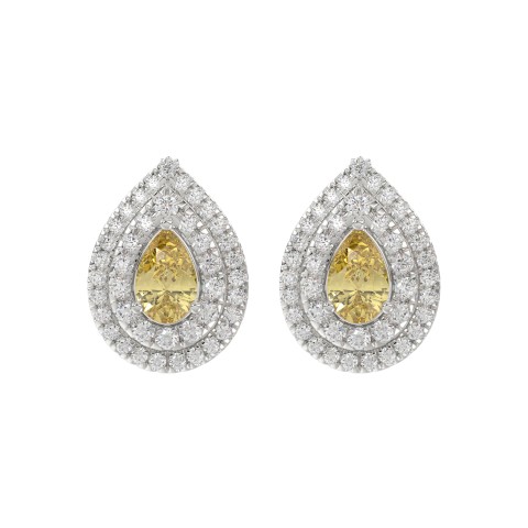 14K WHITE GOLD CRAFTED WITH 18K YELLOW GOLD BACK PLATE 3 1/4CT ROUND/YELLOW PEAR DIAMOND LADIES EARRINGS