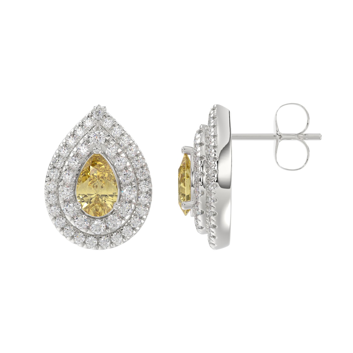 14K WHITE GOLD CRAFTED WITH 18K YELLOW GOLD BACK PLATE 3 1/4CT ROUND/YELLOW PEAR DIAMOND LADIES EARRINGS