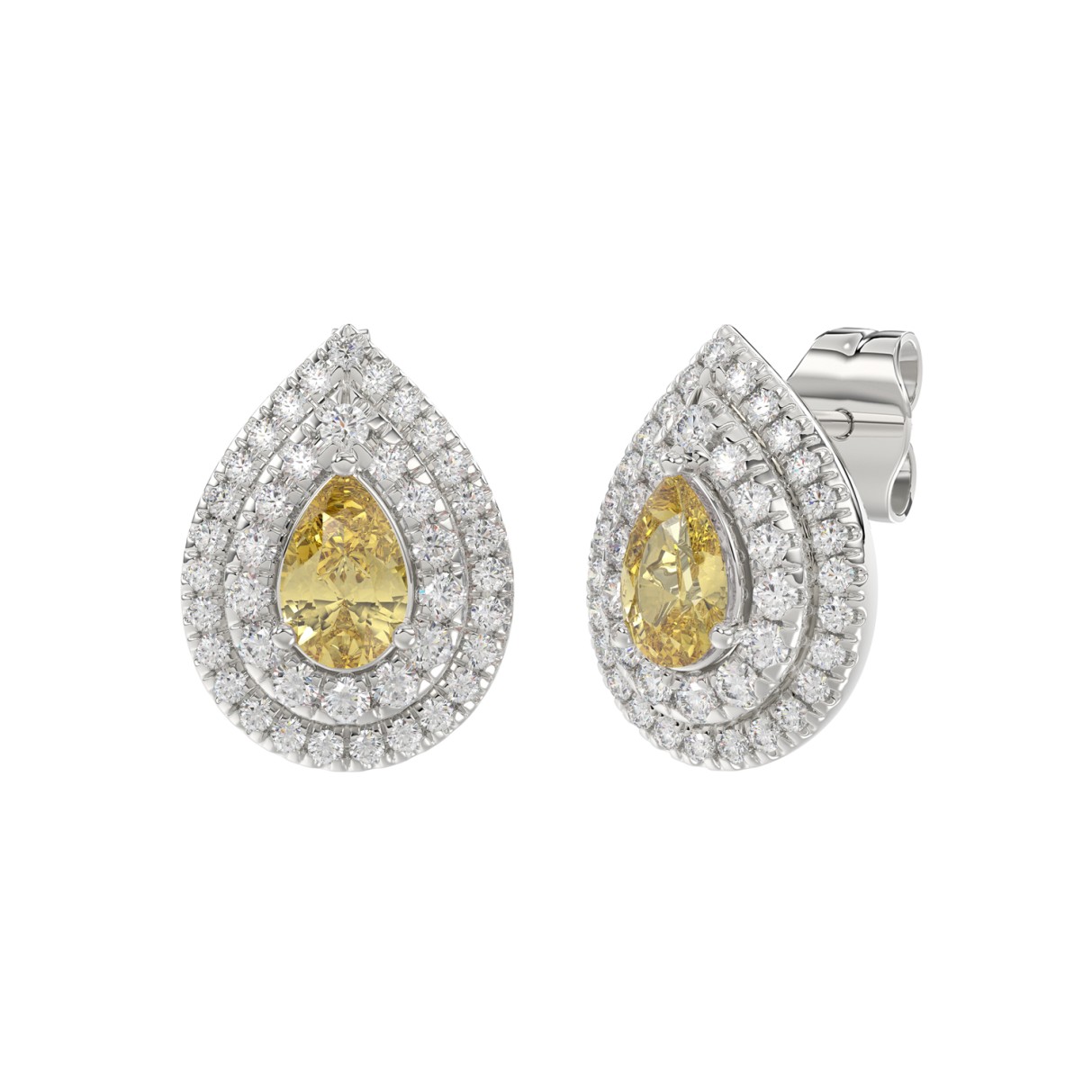 14K WHITE GOLD CRAFTED WITH 18K YELLOW GOLD BACK PLATE 3 1/4CT ROUND/YELLOW PEAR DIAMOND LADIES EARRINGS