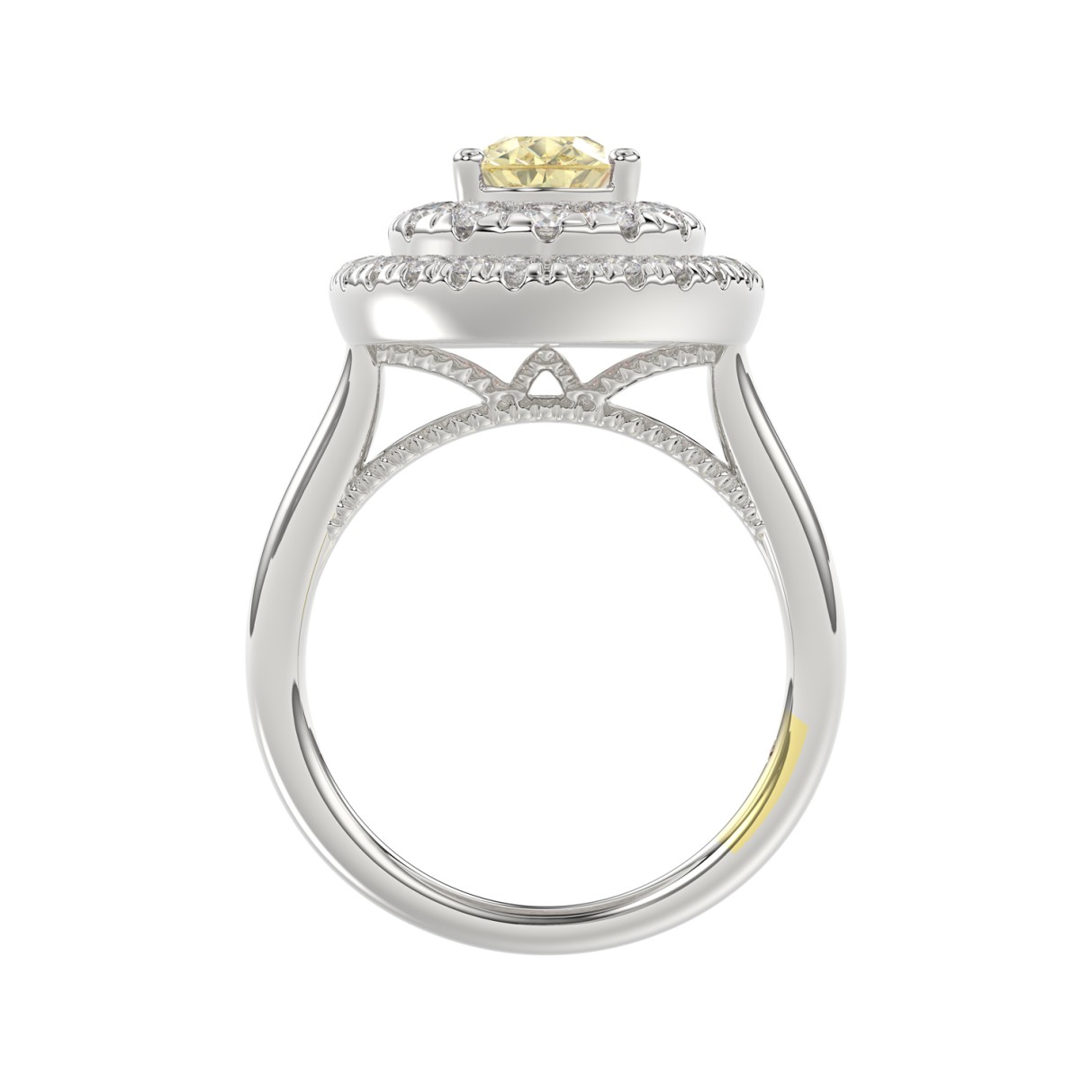 14K WHITE GOLD CRAFTED WITH 18K YELLOW GOLD SHANK  2 1/2CT ROUND/YELLOW PEAR DIAMOND LADIES RING