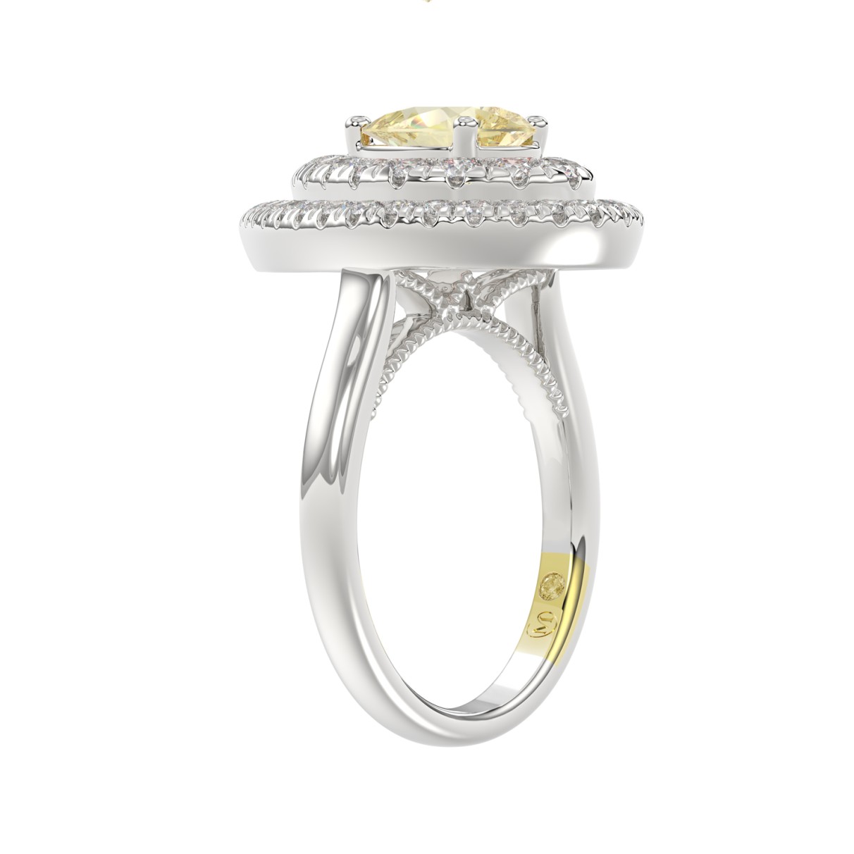 14K WHITE GOLD CRAFTED WITH 18K YELLOW GOLD SHANK  2 1/2CT ROUND/YELLOW PEAR DIAMOND LADIES RING