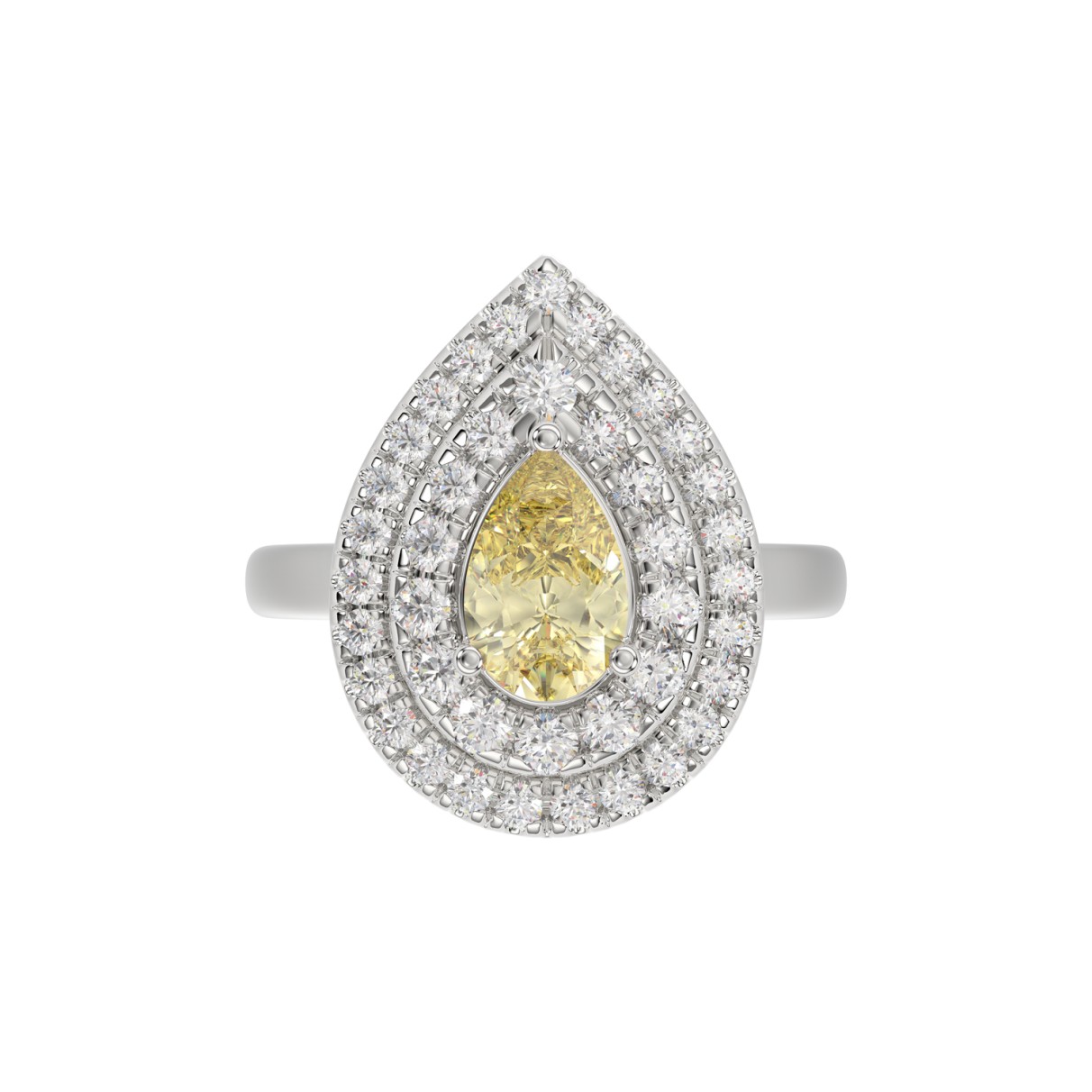 14K WHITE GOLD CRAFTED WITH 18K YELLOW GOLD SHANK  2 1/2CT ROUND/YELLOW PEAR DIAMOND LADIES RING