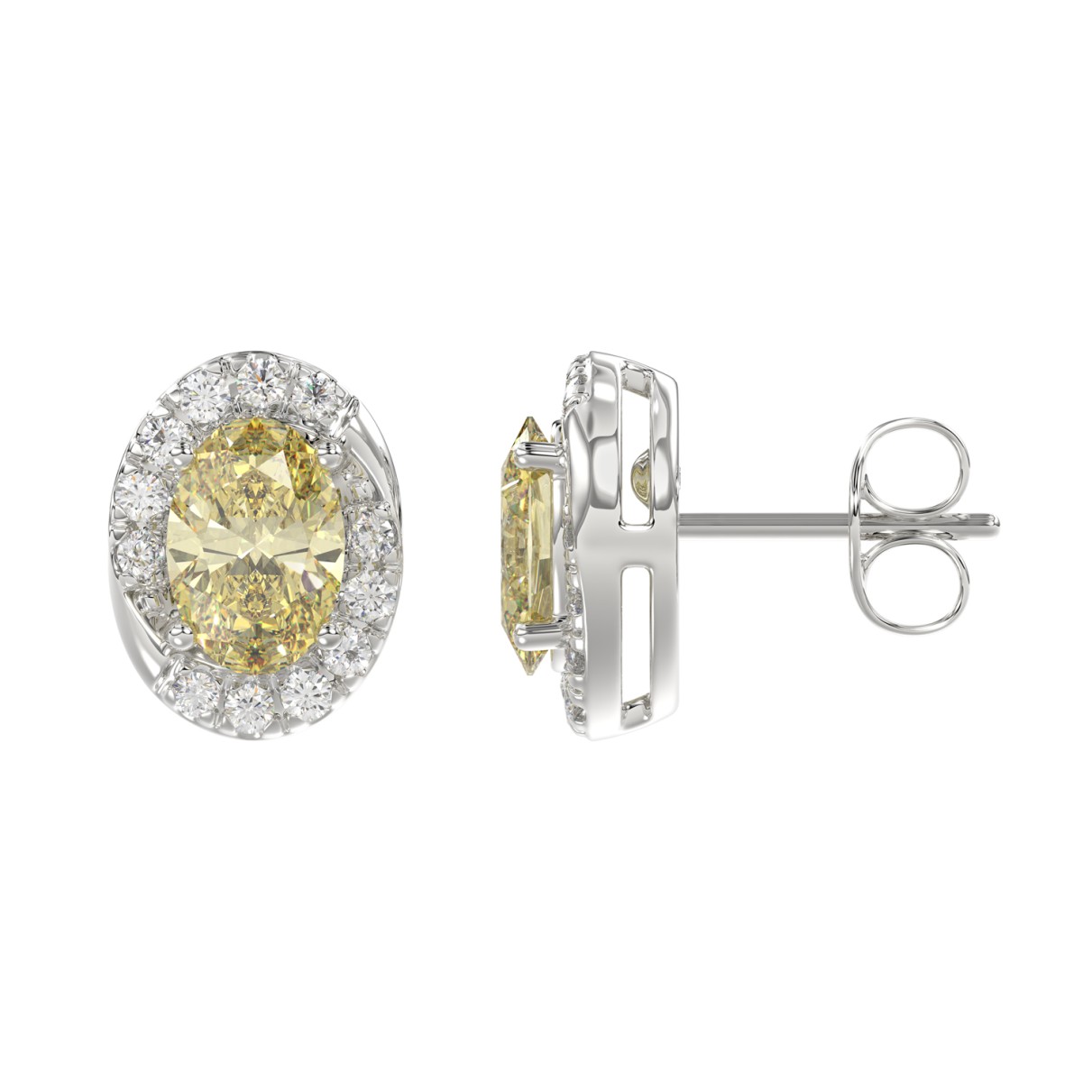 14K WHITE GOLD CRAFTED WITH 18K YELLOW GOLD BACK PLATE 1 1/4CT ROUND/YELLOW OVAL DIAMOND LADIES EARRINGS