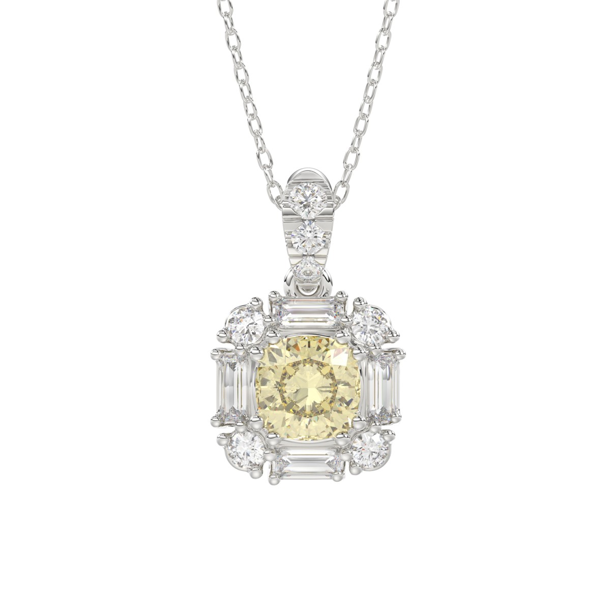 14K WHITE GOLD CRAFTED WITH 18K YELLOW GOLD BACK PLATE 1 1/3CT ROUND/BAGUETTE/YELLOW CUSHION DIAMOND LADIES PENDANT WITH CHAIN 