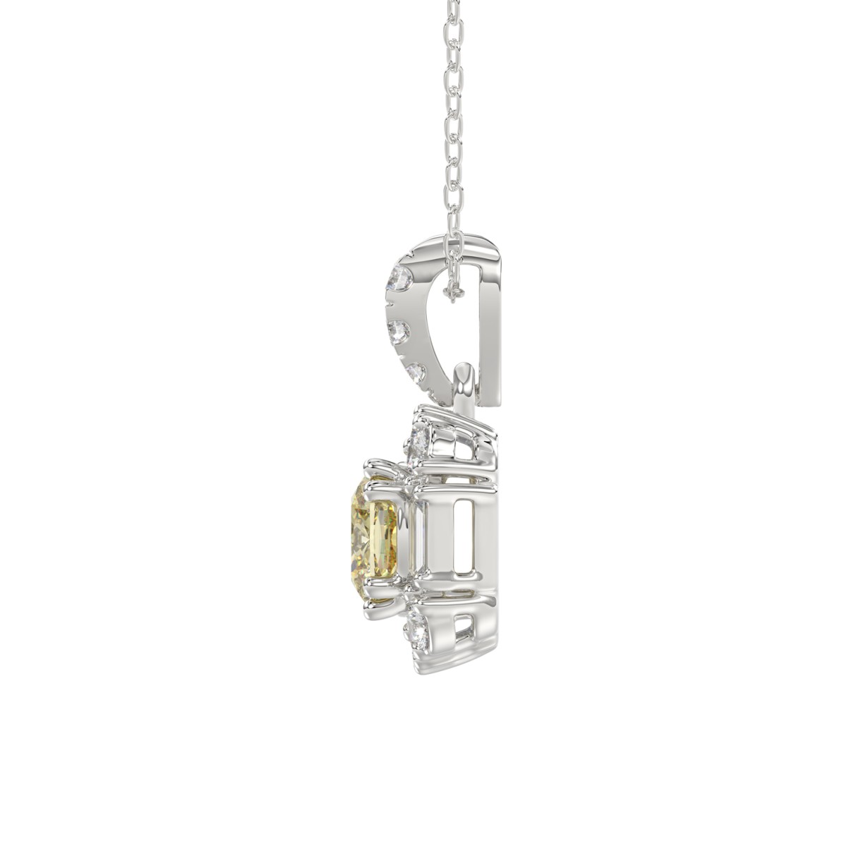 14K WHITE GOLD CRAFTED WITH 18K YELLOW GOLD BACK PLATE 1 1/3CT ROUND/BAGUETTE/YELLOW CUSHION DIAMOND LADIES PENDANT WITH CHAIN 