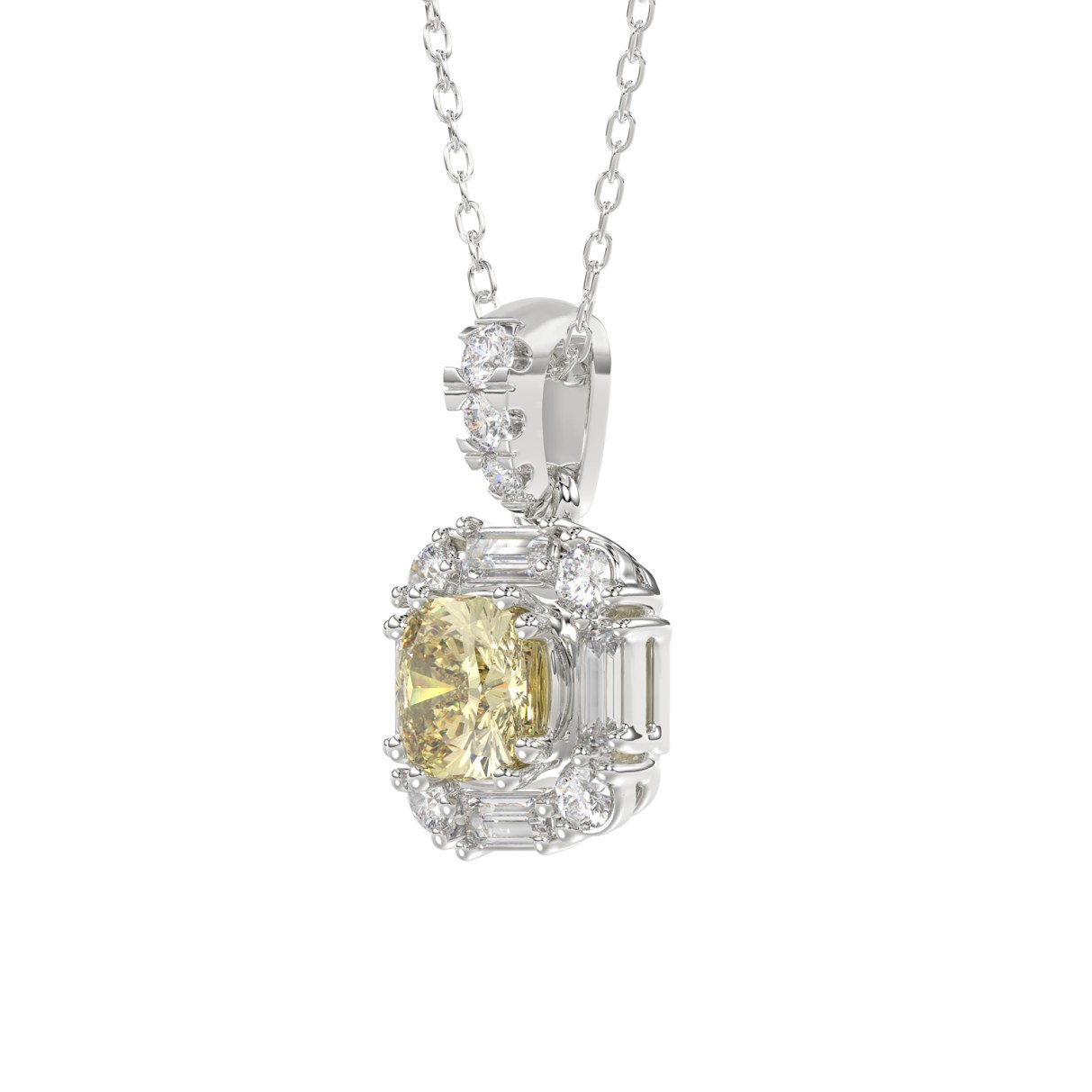 14K WHITE GOLD CRAFTED WITH 18K YELLOW GOLD BACK PLATE 1 1/3CT ROUND/BAGUETTE/YELLOW CUSHION DIAMOND LADIES PENDANT WITH CHAIN 