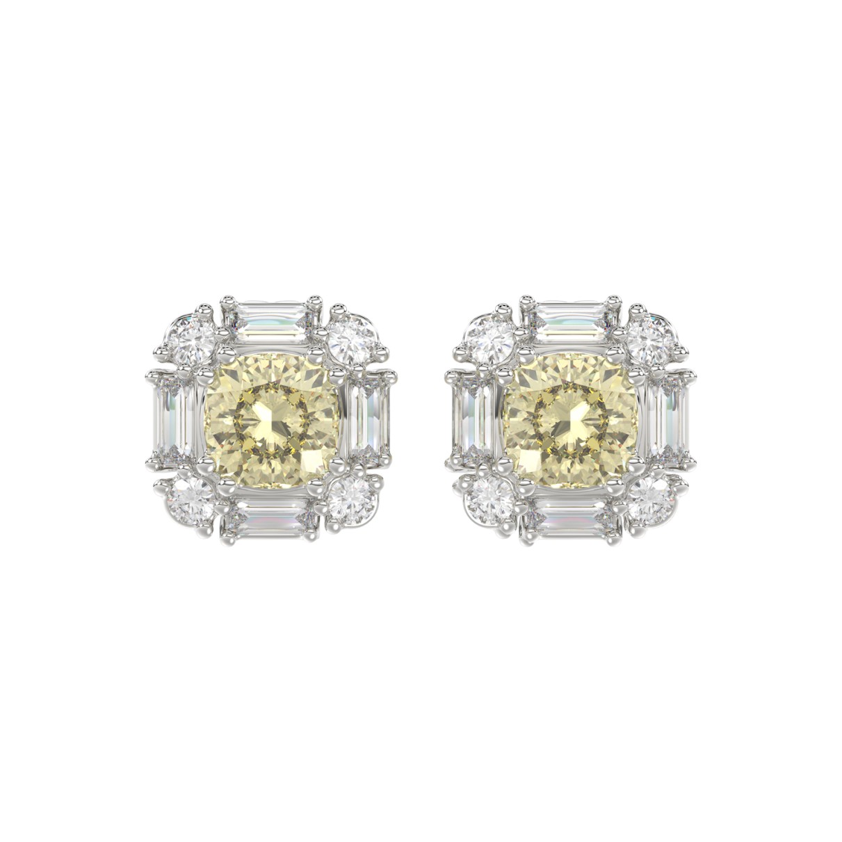 14K WHITE GOLD CRAFTED WITH 18K YELLOW GOLD BACK PLATE 1 1/3CT ROUND/BAGUETTE/YELLOW CUSHION DIAMOND LADIES EARRINGS