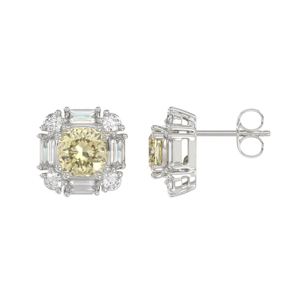 14K WHITE GOLD CRAFTED WITH 18K YELLOW GOLD BACK PLATE 1 1/3CT ROUND/BAGUETTE/YELLOW CUSHION DIAMOND LADIES EARRINGS