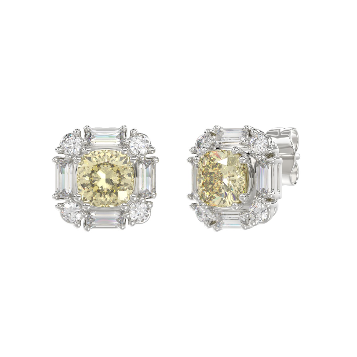 14K WHITE GOLD CRAFTED WITH 18K YELLOW GOLD BACK PLATE 1 1/3CT ROUND/BAGUETTE/YELLOW CUSHION DIAMOND LADIES EARRINGS