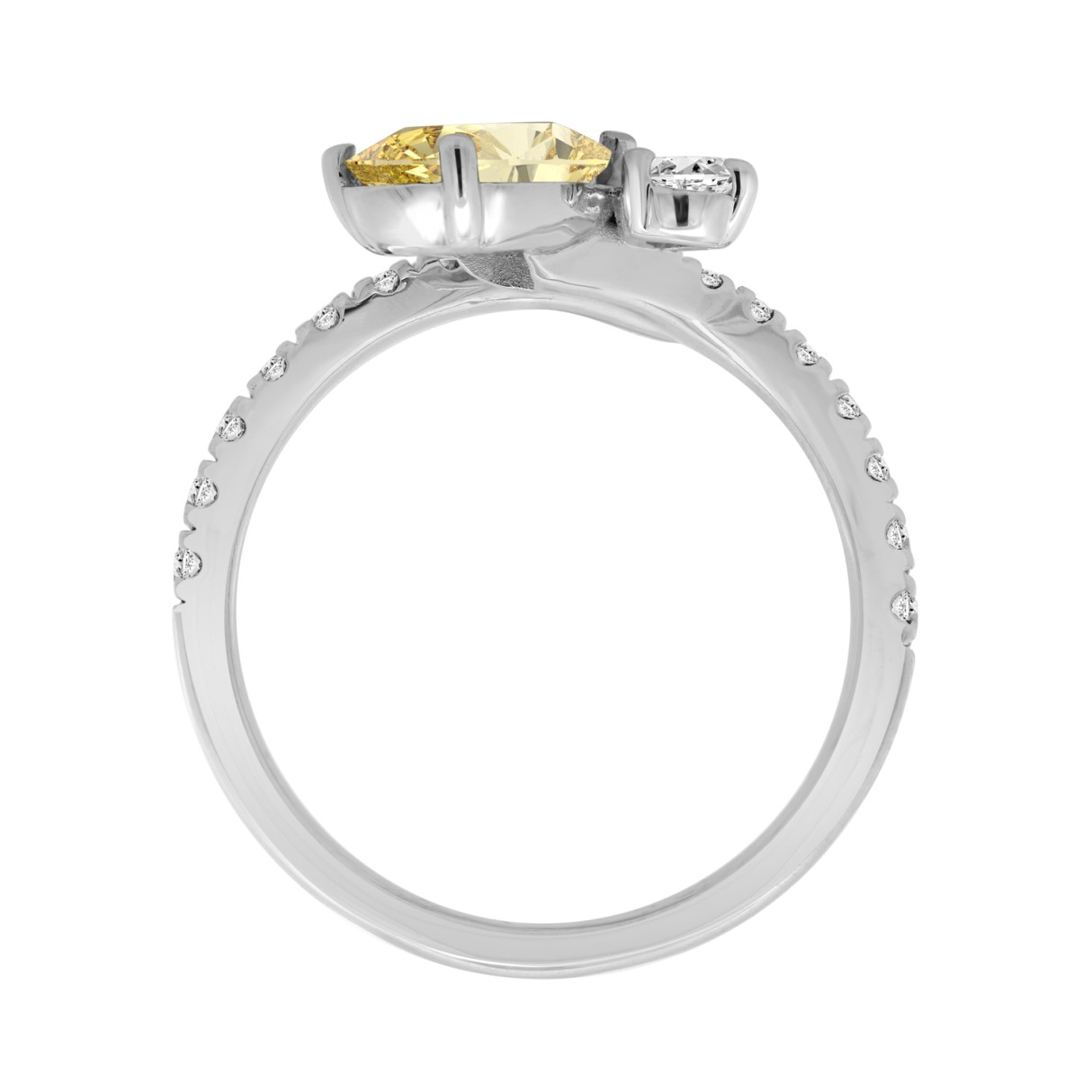 14K WHITE GOLD 1 3/4CT ROUND/PEAR DIAMOND LADIES RING (CENTER STONE YELLOW PEAR DIAMOND 1CT)