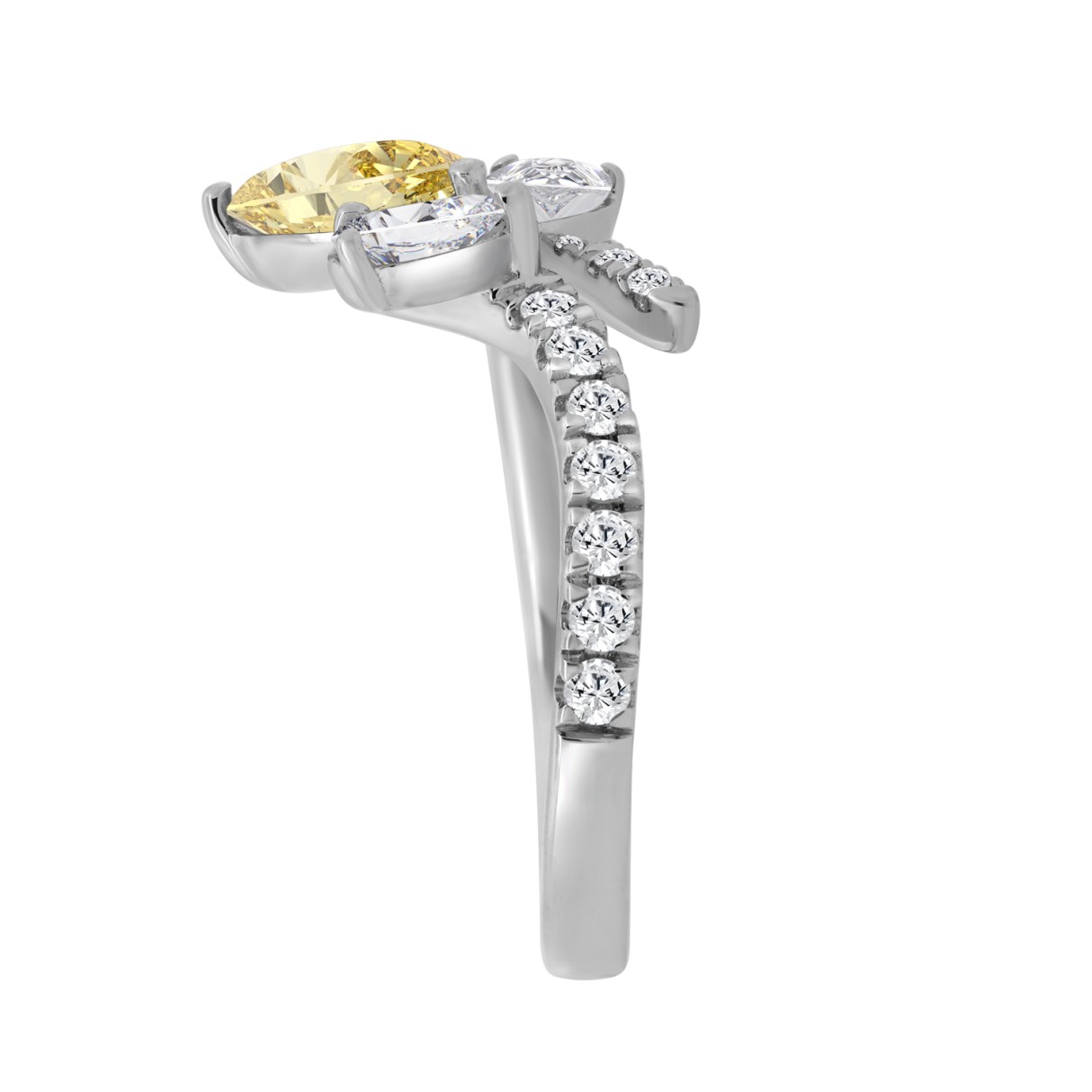 14K WHITE GOLD 1 3/4CT ROUND/PEAR DIAMOND LADIES RING (CENTER STONE YELLOW PEAR DIAMOND 1CT)