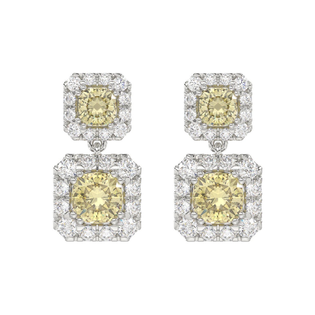 14K WHITE GOLD CRAFTED WITH 18K YELLOW GOLD BLACK PLATE 4 1/4CT ROUND/YELLOW CUSHION DIAMOND LADIES EARRINGS