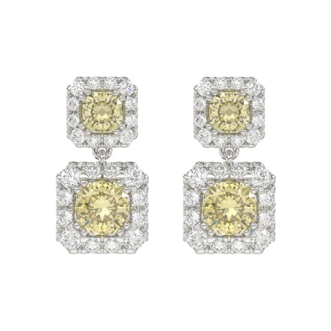 14K WHITE GOLD CRAFTED WITH 18K YELLOW GOLD BLACK PLATE 4 1/4CT ROUND/YELLOW CUSHION DIAMOND LADIES EARRINGS