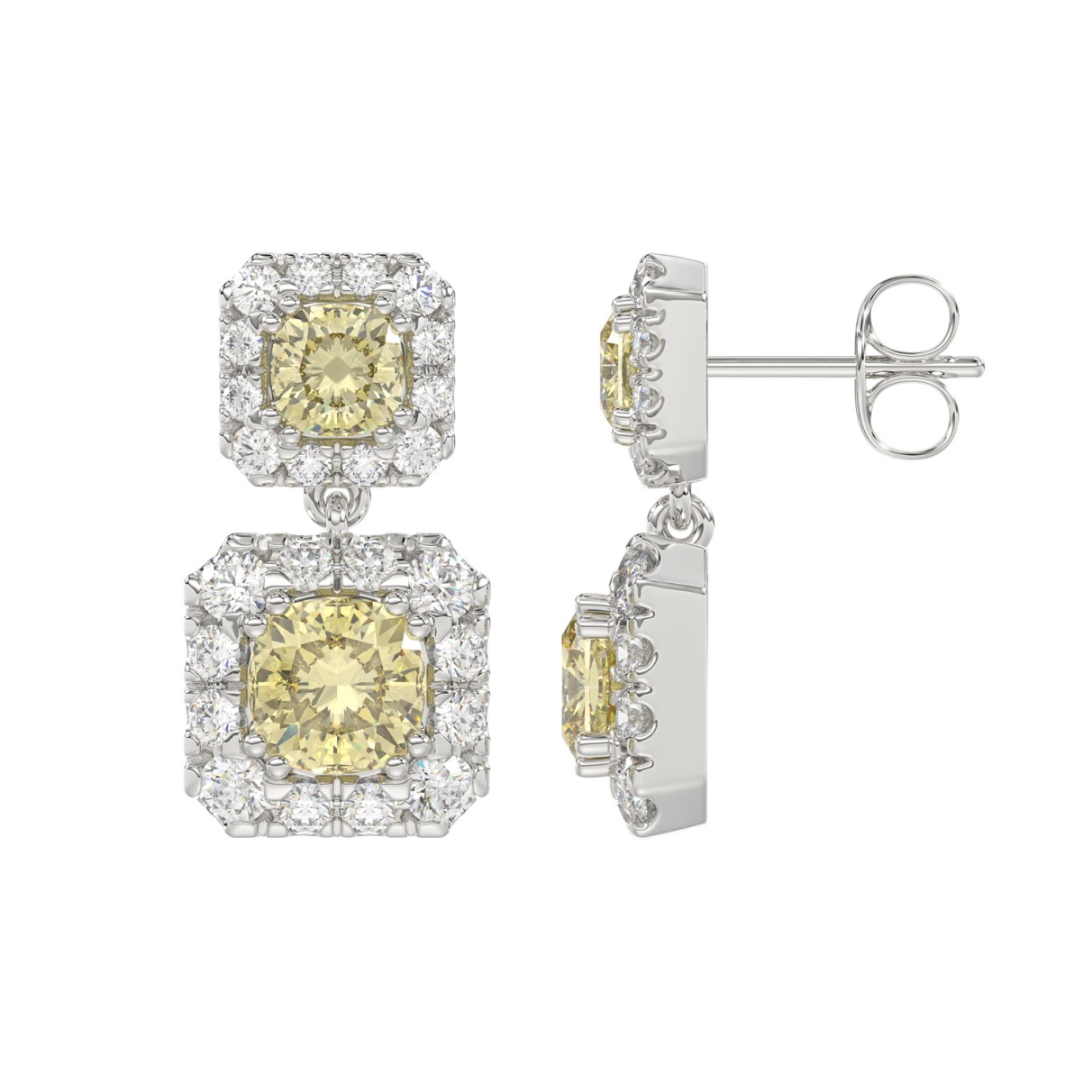 14K WHITE GOLD CRAFTED WITH 18K YELLOW GOLD BLACK PLATE 4 1/4CT ROUND/YELLOW CUSHION DIAMOND LADIES EARRINGS