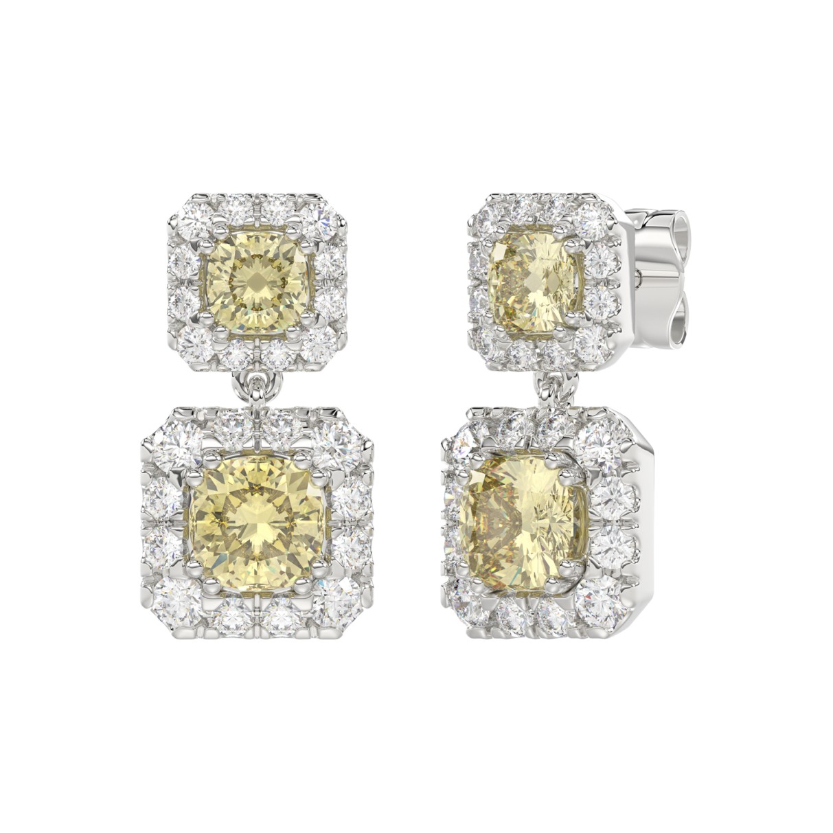 14K WHITE GOLD CRAFTED WITH 18K YELLOW GOLD BLACK PLATE 4 1/4CT ROUND/YELLOW CUSHION DIAMOND LADIES EARRINGS