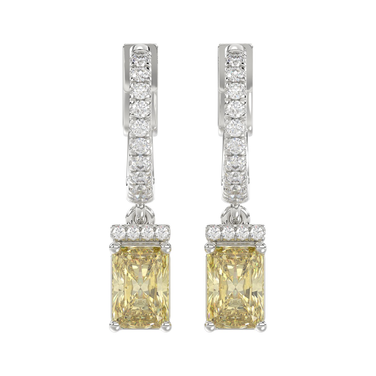 14K WHITE GOLD CRAFTED WITH 18K YELLOW GOLD BLACK PLATE 2 1/4CT ROUND/YELLOW EMERALD DIAMOND LADIES HOOPS EARRINGS