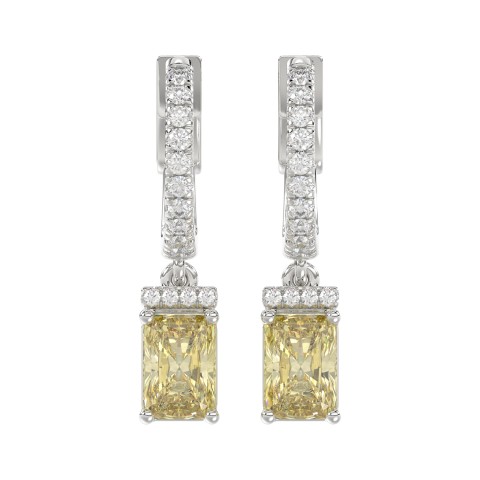 14K WHITE GOLD CRAFTED WITH 18K YELLOW GOLD BLACK PLATE 2 1/4CT ROUND/YELLOW EMERALD DIAMOND LADIES HOOPS EARRINGS