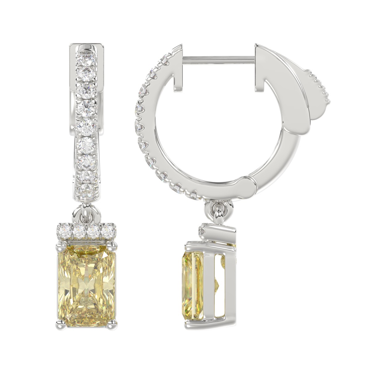 14K WHITE GOLD CRAFTED WITH 18K YELLOW GOLD BLACK PLATE 2 1/4CT ROUND/YELLOW EMERALD DIAMOND LADIES HOOPS EARRINGS