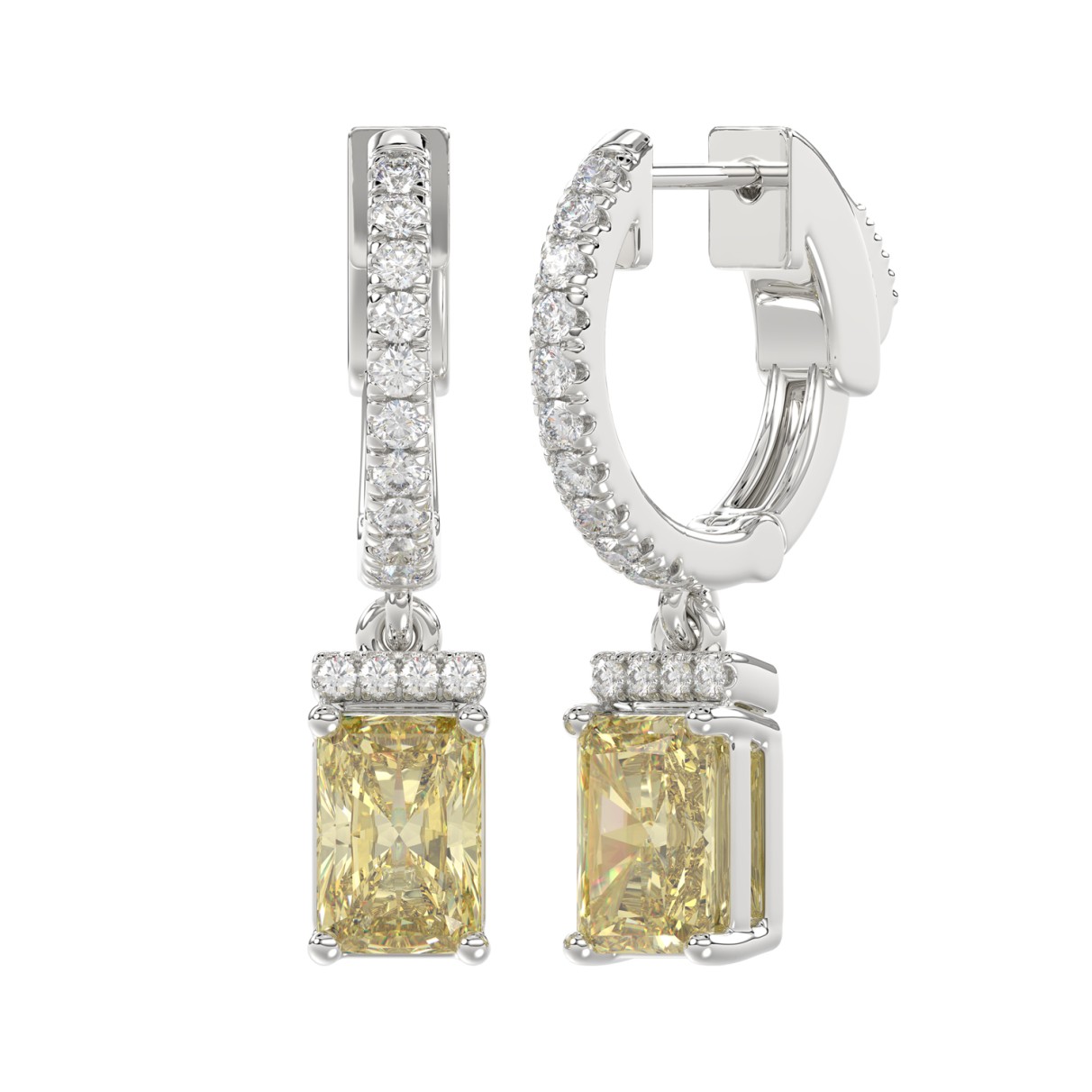 14K WHITE GOLD CRAFTED WITH 18K YELLOW GOLD BLACK PLATE 2 1/4CT ROUND/YELLOW EMERALD DIAMOND LADIES HOOPS EARRINGS