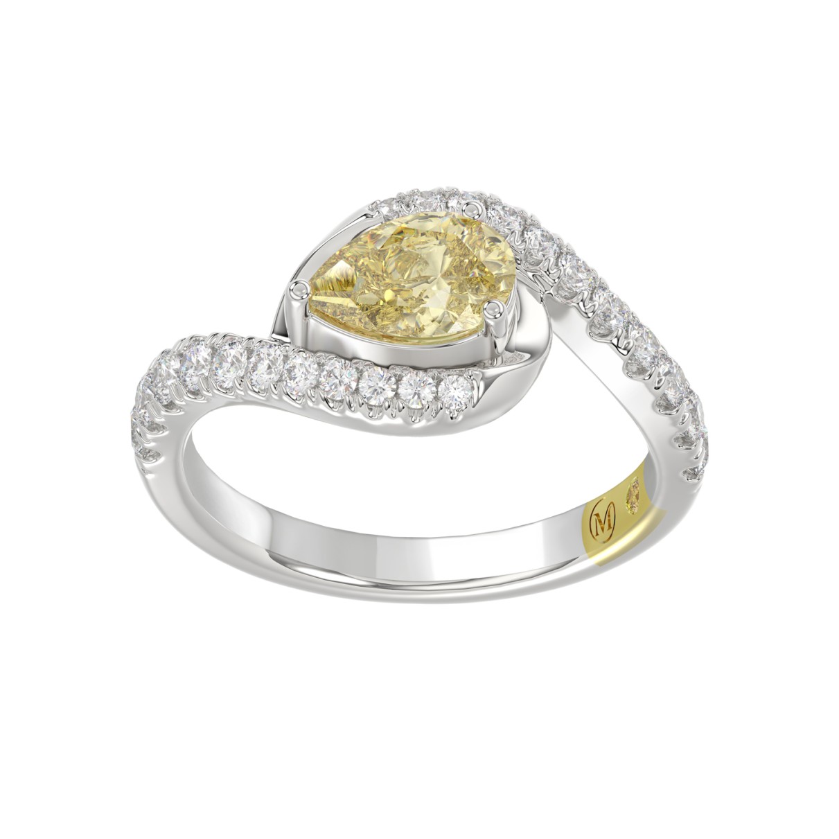 14K WHITE GOLD CRAFTED WITH 18K YELLOW GOLD SHANK  1 1/2CT ROUND/YELLOW PEAR DIAMOND LADIES RING